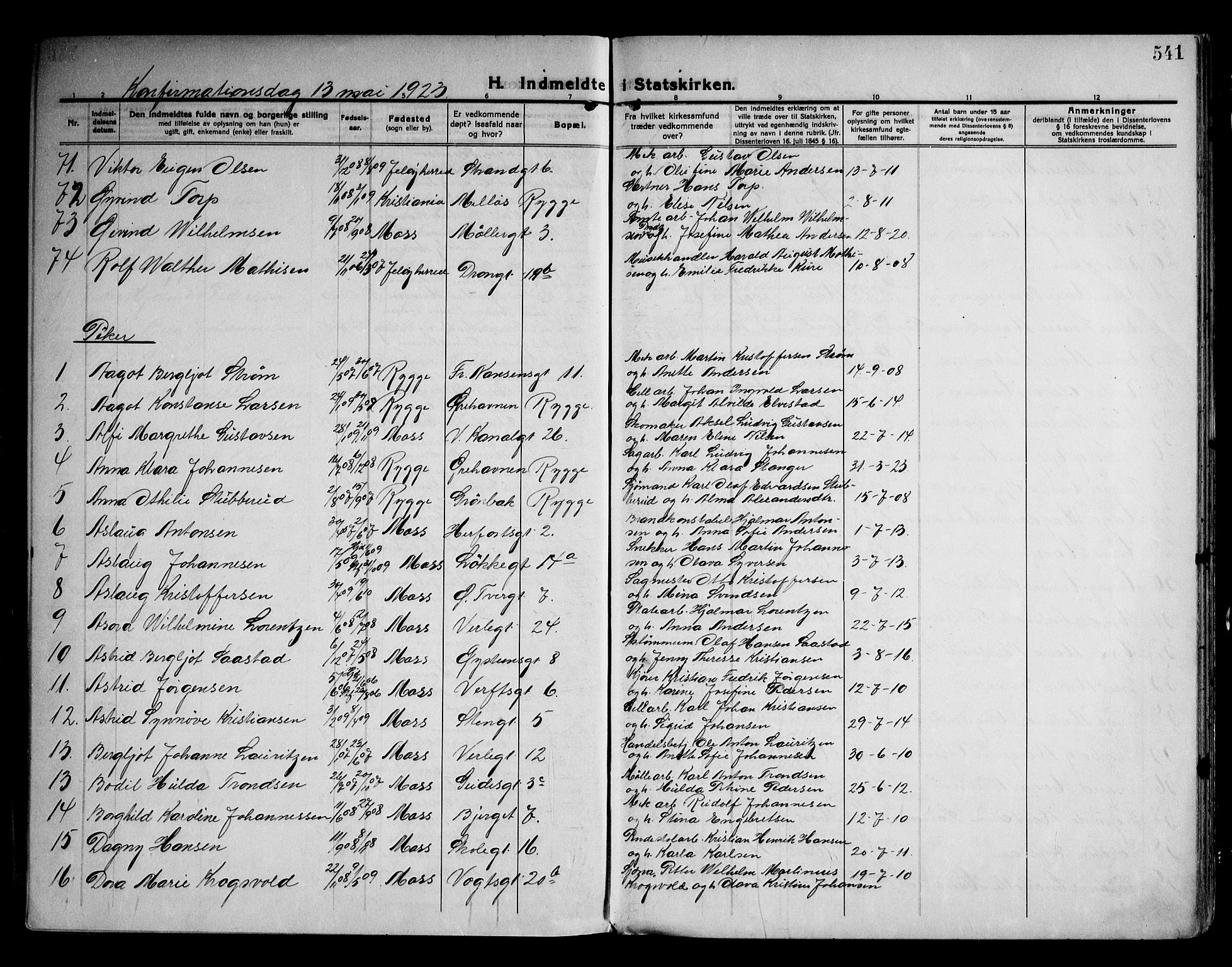 Moss prestekontor Kirkebøker, AV/SAO-A-2003/F/Fb/L0005: Parish register (official) no. II 5, 1913-1923, p. 541