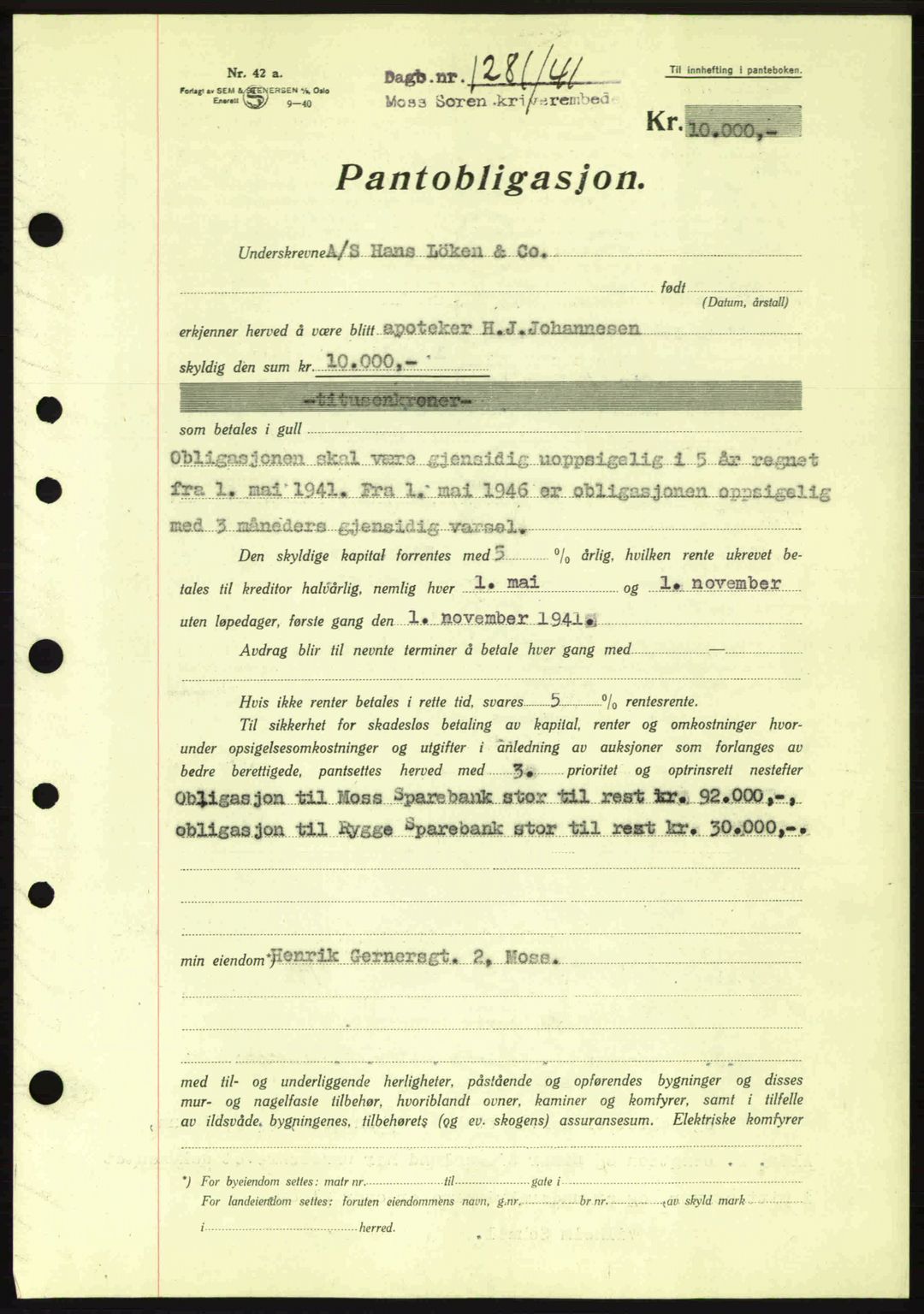Moss sorenskriveri, SAO/A-10168: Mortgage book no. B10, 1940-1941, Diary no: : 1281/1941