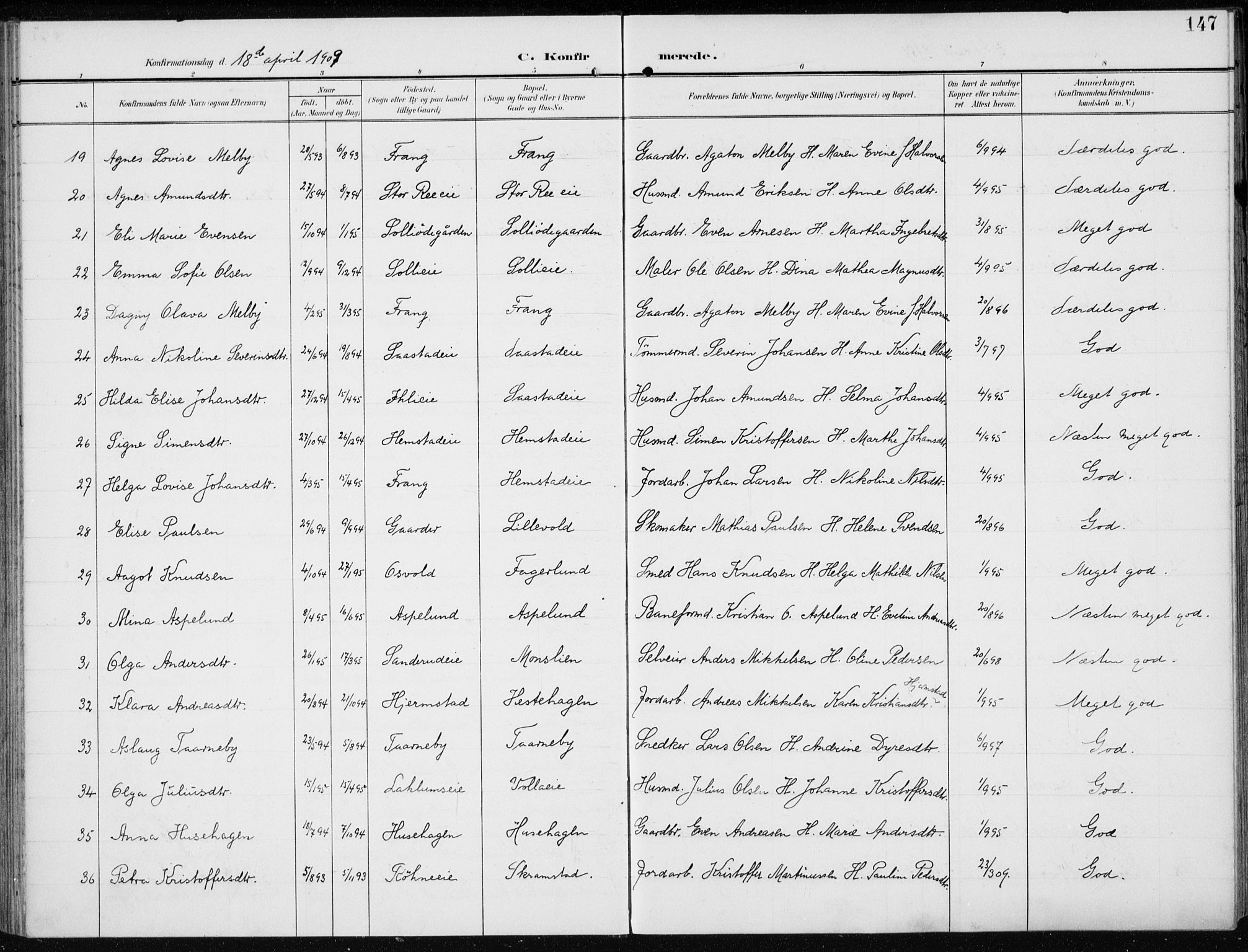 Stange prestekontor, AV/SAH-PREST-002/K/L0024: Parish register (official) no. 24, 1906-1922, p. 147