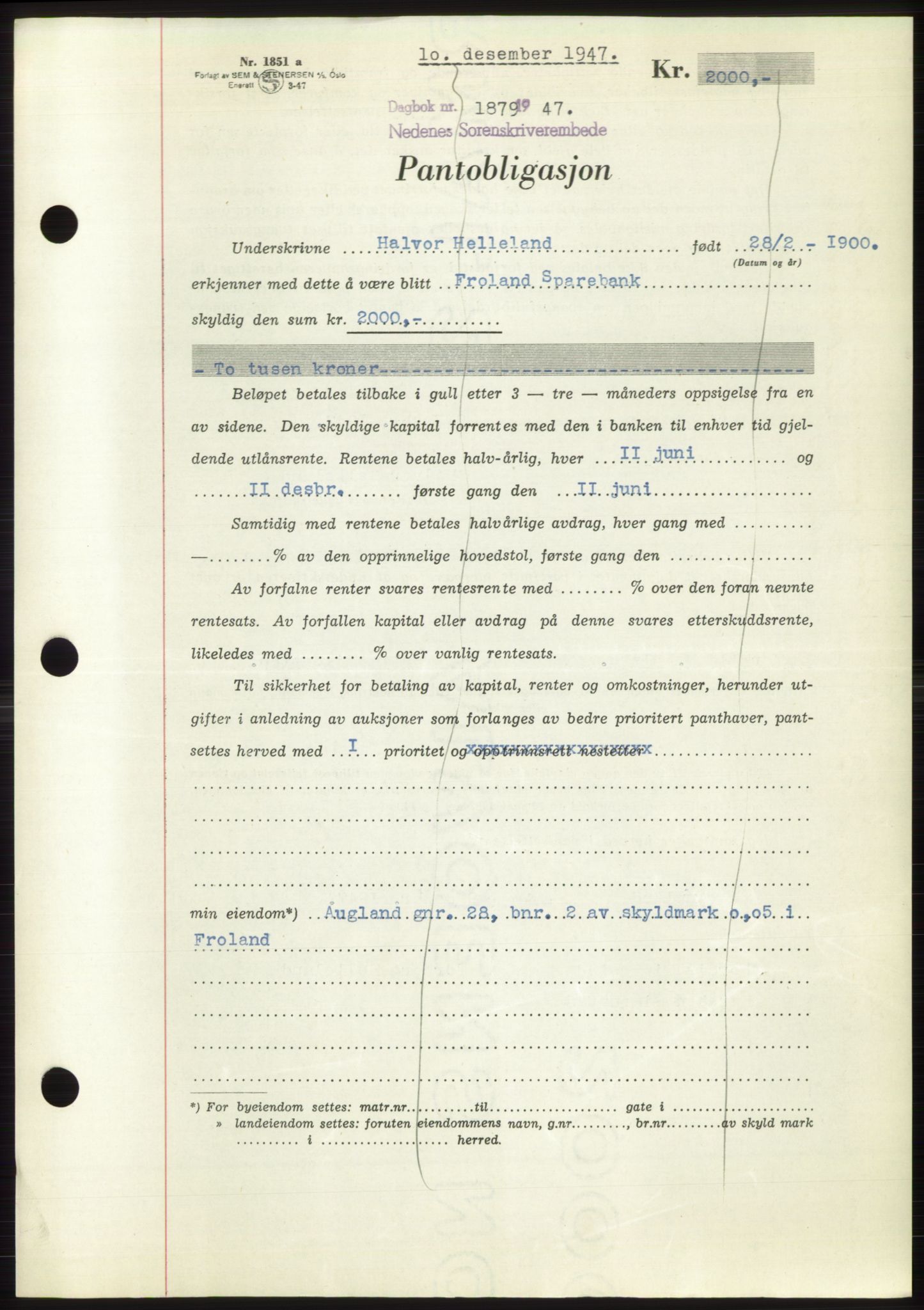 Nedenes sorenskriveri, AV/SAK-1221-0006/G/Gb/Gbb/L0004: Mortgage book no. B4, 1947-1947, Diary no: : 1879/1947