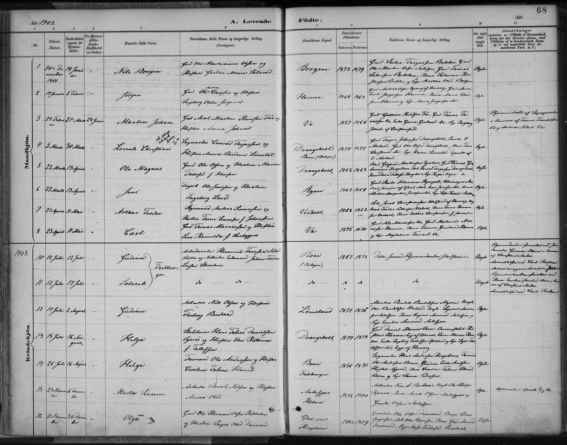 Tveit sokneprestkontor, SAK/1111-0043/F/Fa/L0007: Parish register (official) no. A 7, 1887-1908, p. 68