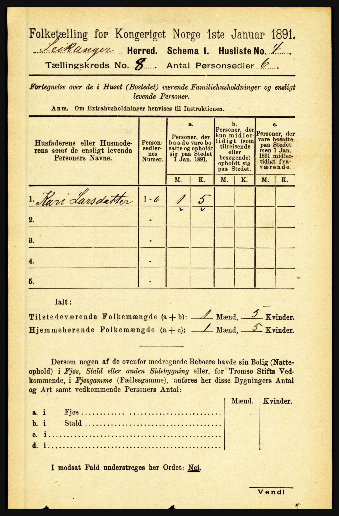 RA, 1891 census for 1419 Leikanger, 1891, p. 1563