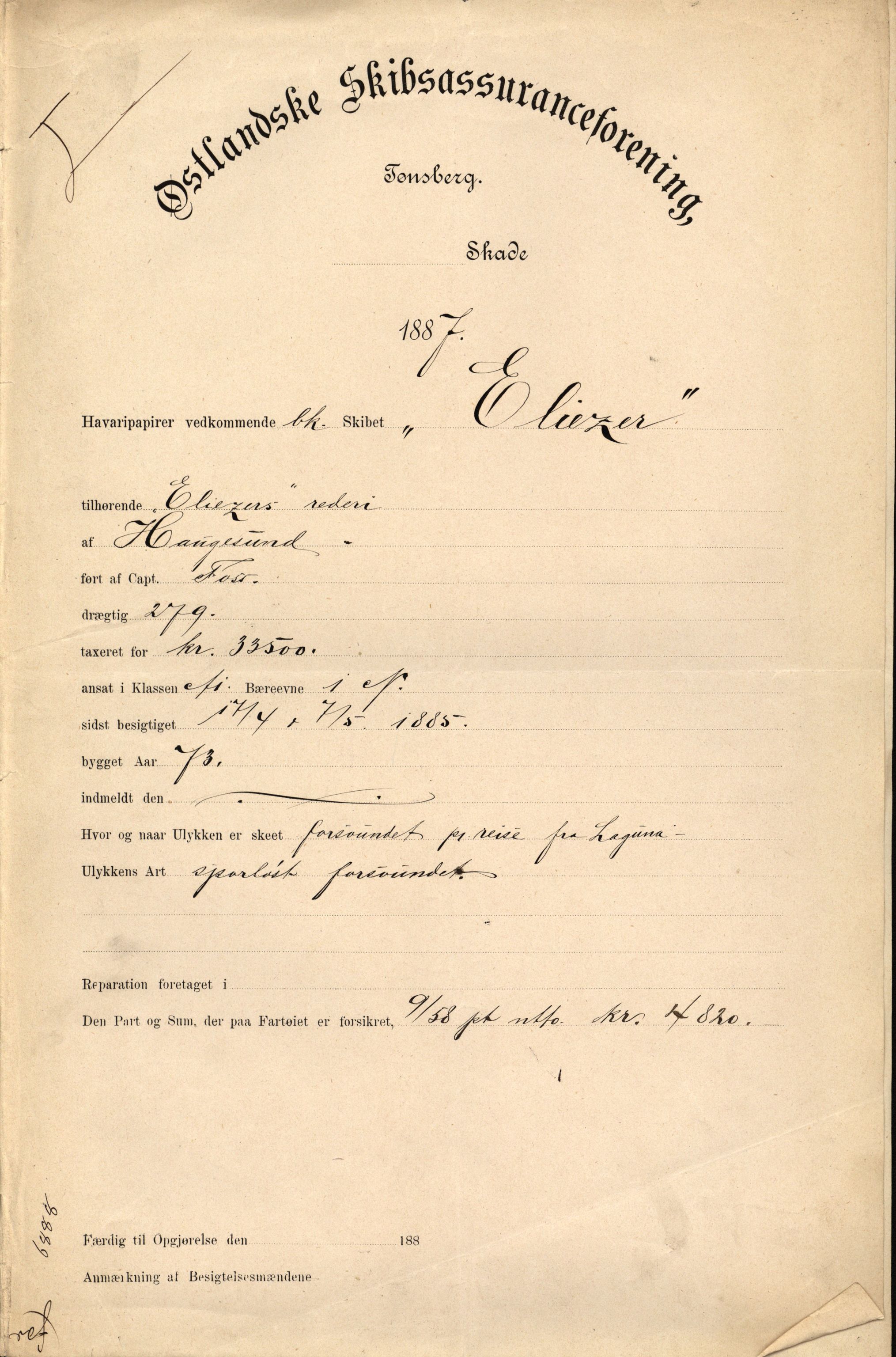 Pa 63 - Østlandske skibsassuranceforening, VEMU/A-1079/G/Ga/L0020/0003: Havaridokumenter / Anton, Diamant, Templar, Finn, Eliezer, Arctic, 1887, p. 255