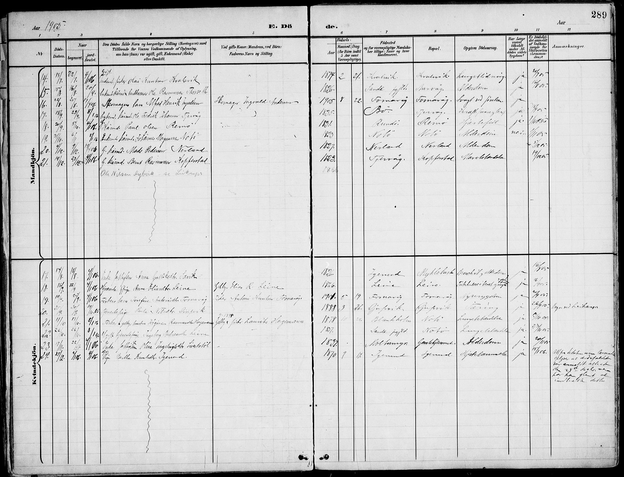 Ministerialprotokoller, klokkerbøker og fødselsregistre - Møre og Romsdal, AV/SAT-A-1454/507/L0075: Parish register (official) no. 507A10, 1901-1920, p. 289