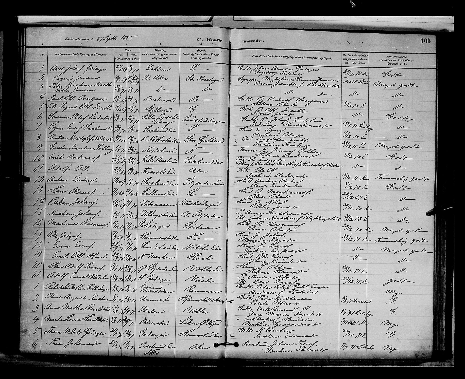 Stange prestekontor, SAH/PREST-002/L/L0009: Parish register (copy) no. 9, 1883-1899, p. 105