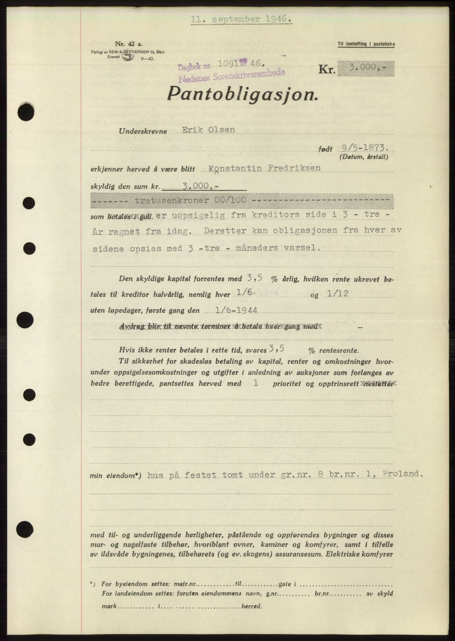 Nedenes sorenskriveri, SAK/1221-0006/G/Gb/Gbb/L0003: Mortgage book no. B3b, 1946-1946, Diary no: : 1091/1946