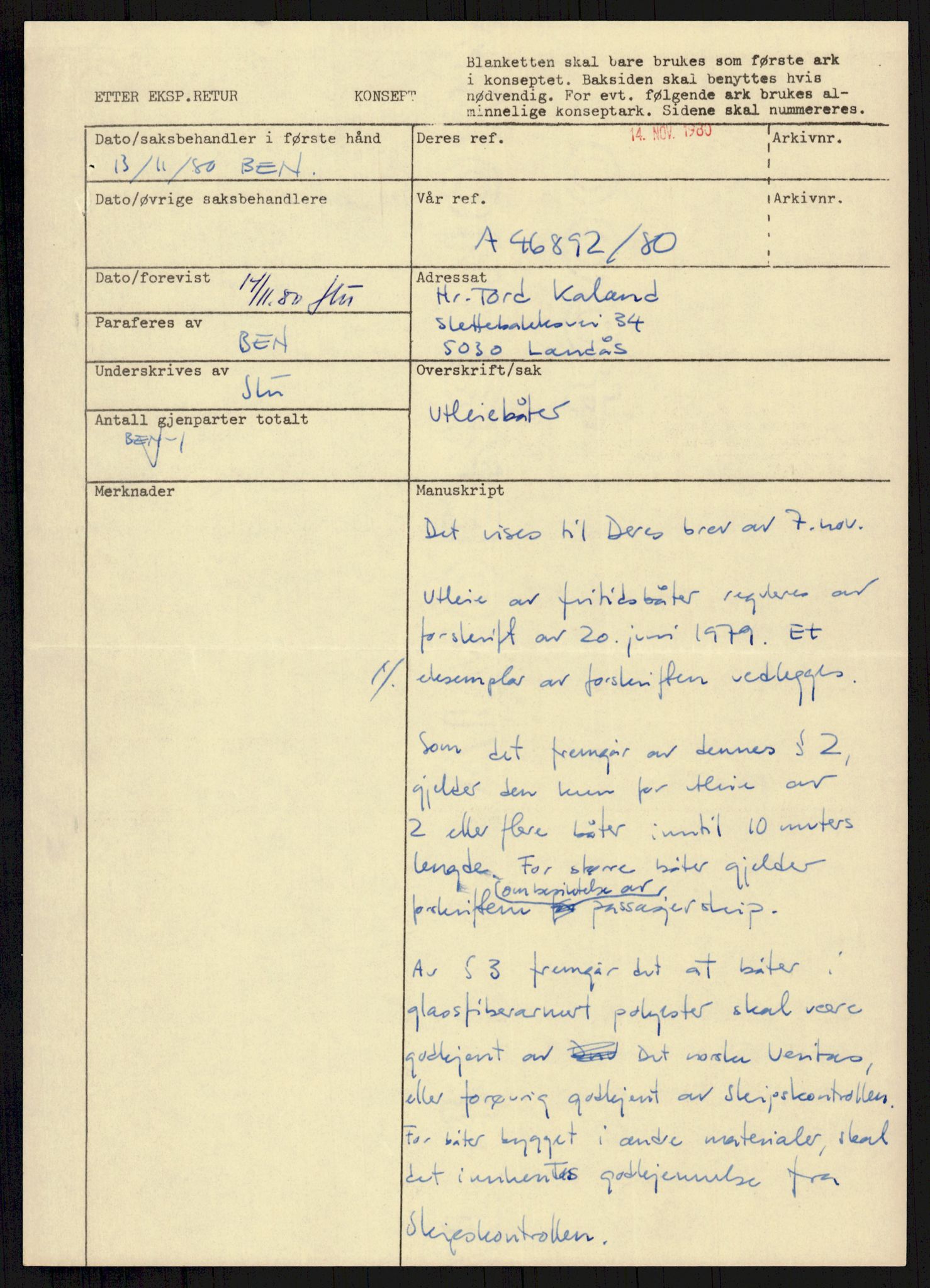 Sjøfartsdirektoratet med forløpere, generelt arkiv, AV/RA-S-1407/D/Du/Duc/L0641/0004: Skipskontrollen - Forskrifter    / Utleiebåter (2 mapper), 1977-1989, p. 10