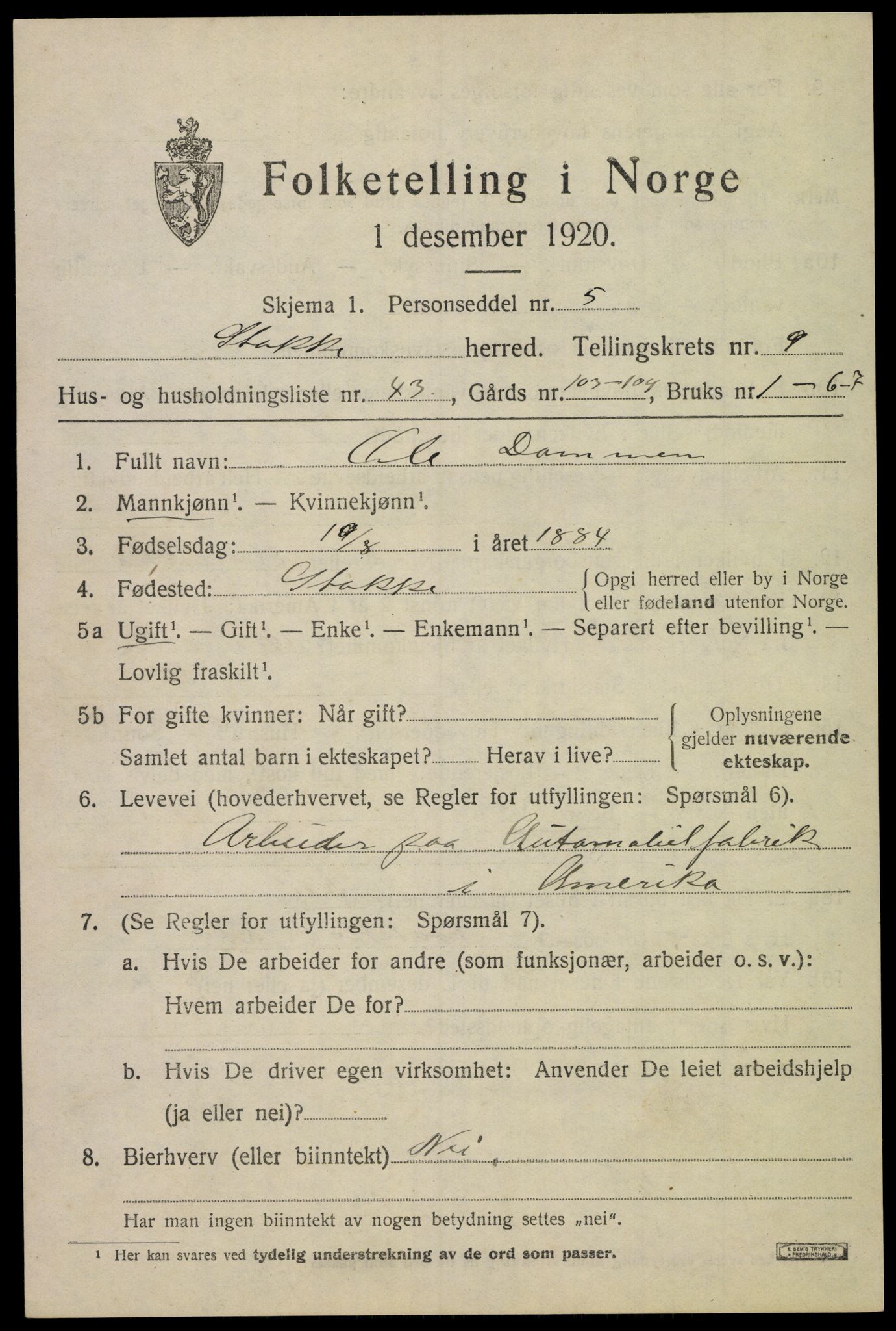 SAKO, 1920 census for Stokke, 1920, p. 10894