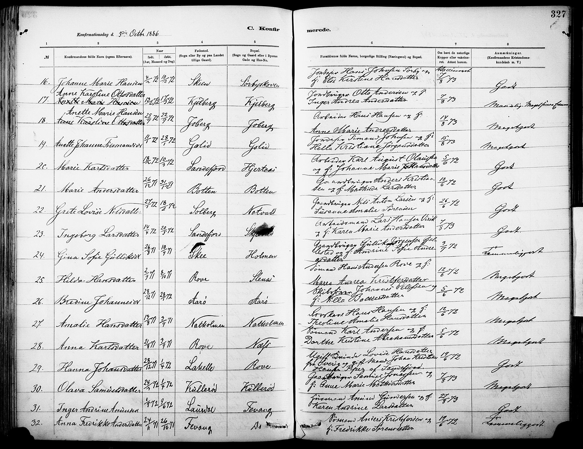 Sandar kirkebøker, AV/SAKO-A-243/F/Fa/L0012: Parish register (official) no. 12, 1883-1895, p. 327