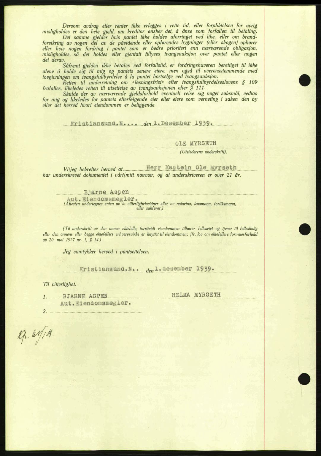 Nordmøre sorenskriveri, AV/SAT-A-4132/1/2/2Ca: Mortgage book no. B86, 1939-1940, Diary no: : 3522/1939