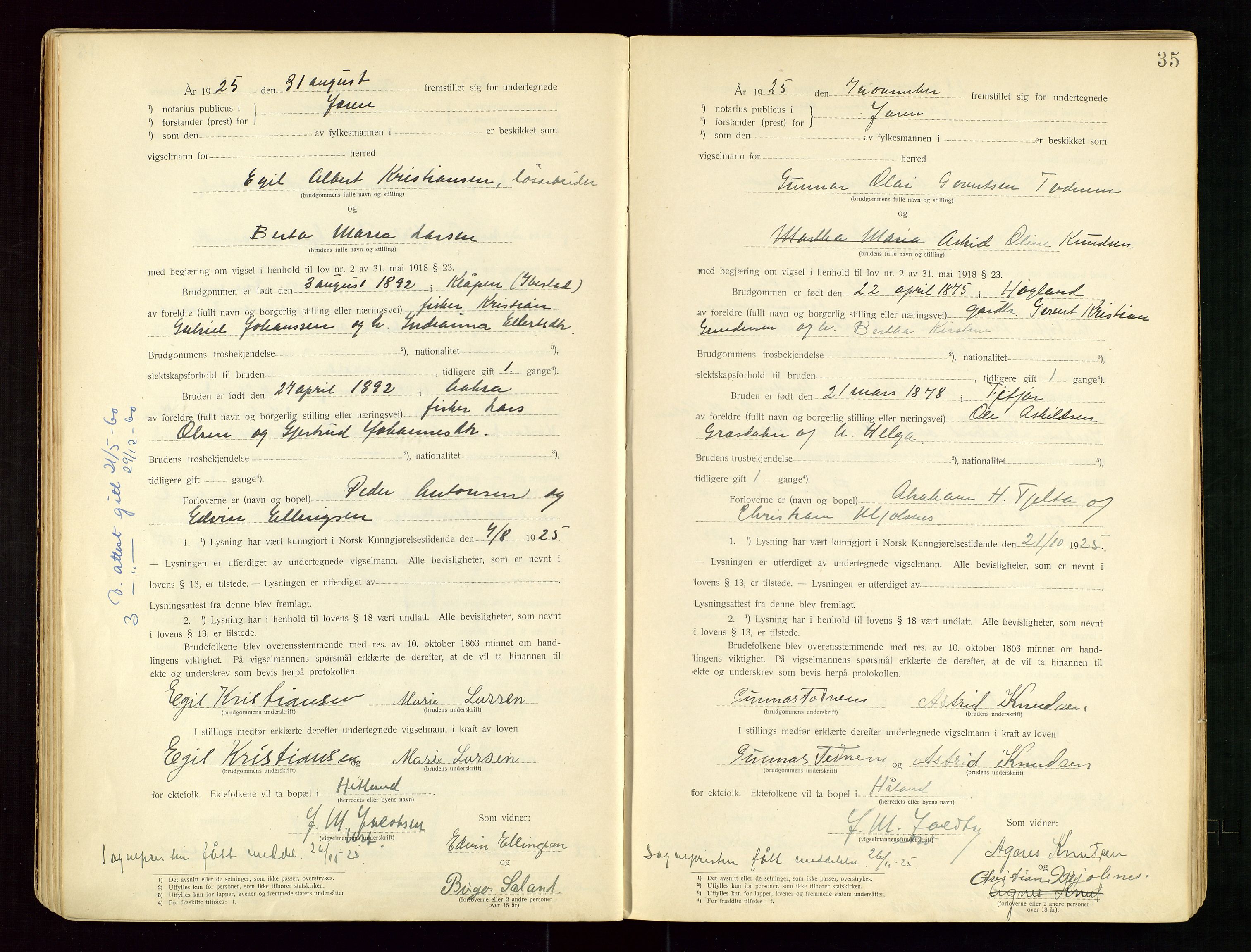 Jæren sorenskriveri, AV/SAST-A-100310/01/6/62/62BA/L0001: VIGSELSPROTOKOLL, 1920-1937, p. 35