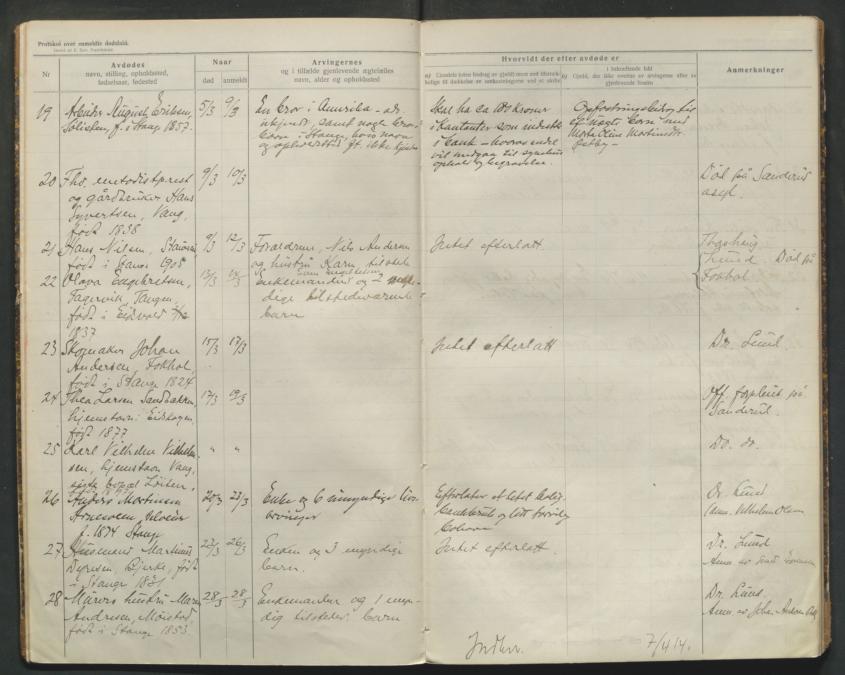 Stange lensmannskontor, AV/SAH-LHS-020/H/Ha/Haa/L0001/0002: Dødsfallsprotokoller / Dødsfallsprotokoll, 1914-1918