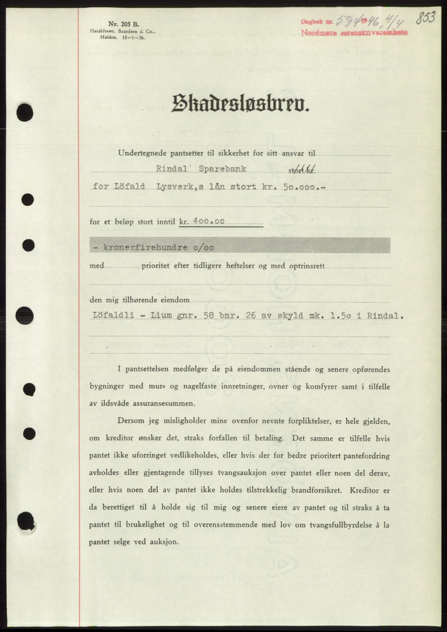 Nordmøre sorenskriveri, AV/SAT-A-4132/1/2/2Ca: Mortgage book no. B93b, 1946-1946, Diary no: : 534/1946