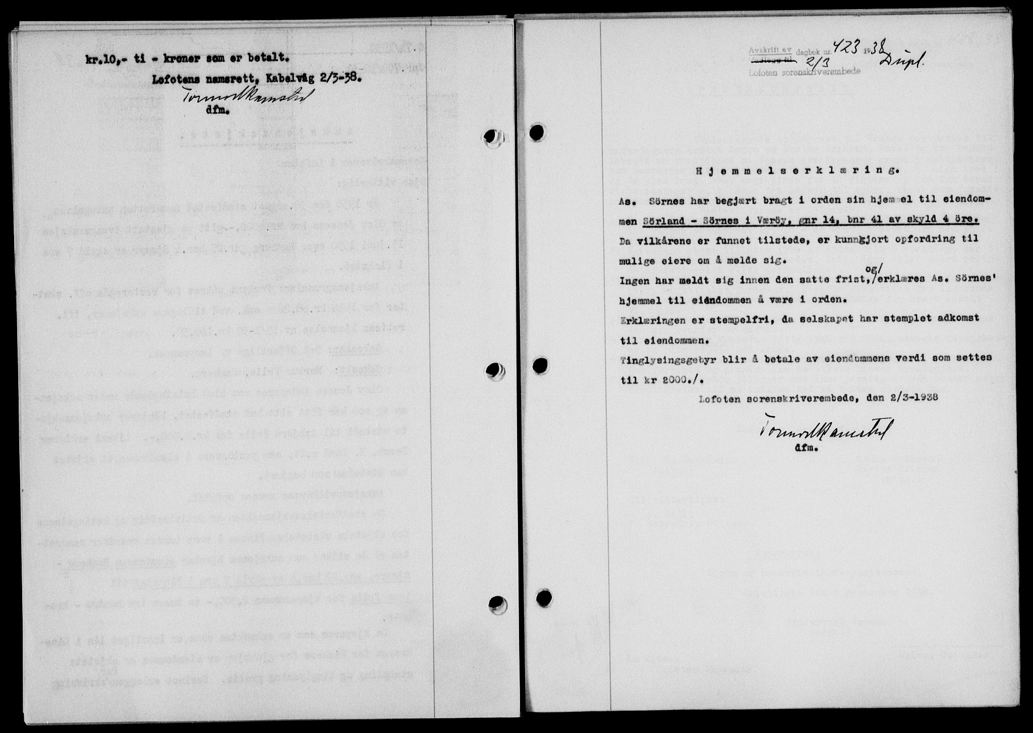 Lofoten sorenskriveri, SAT/A-0017/1/2/2C/L0003a: Mortgage book no. 3a, 1937-1938, Diary no: : 423/1938