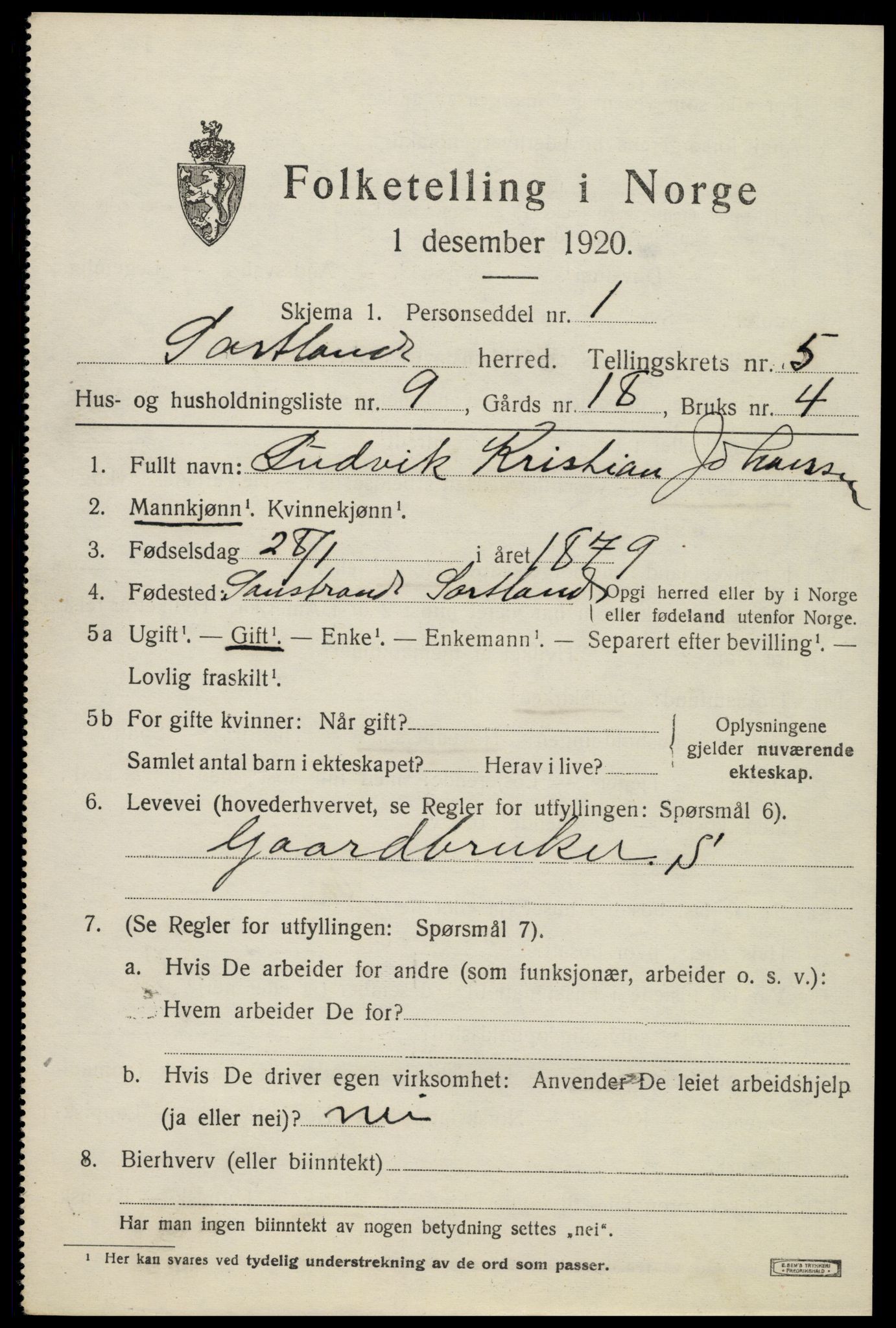 SAT, 1920 census for Sortland, 1920, p. 5626