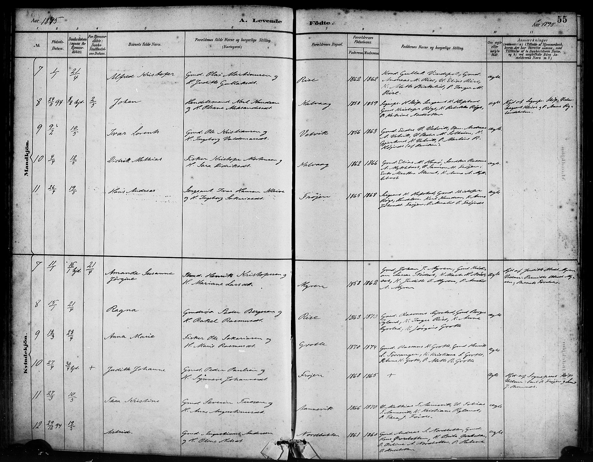 Bremanger sokneprestembete, AV/SAB-A-82201/H/Haa/Haab/L0001: Parish register (official) no. B 1, 1884-1895, p. 55