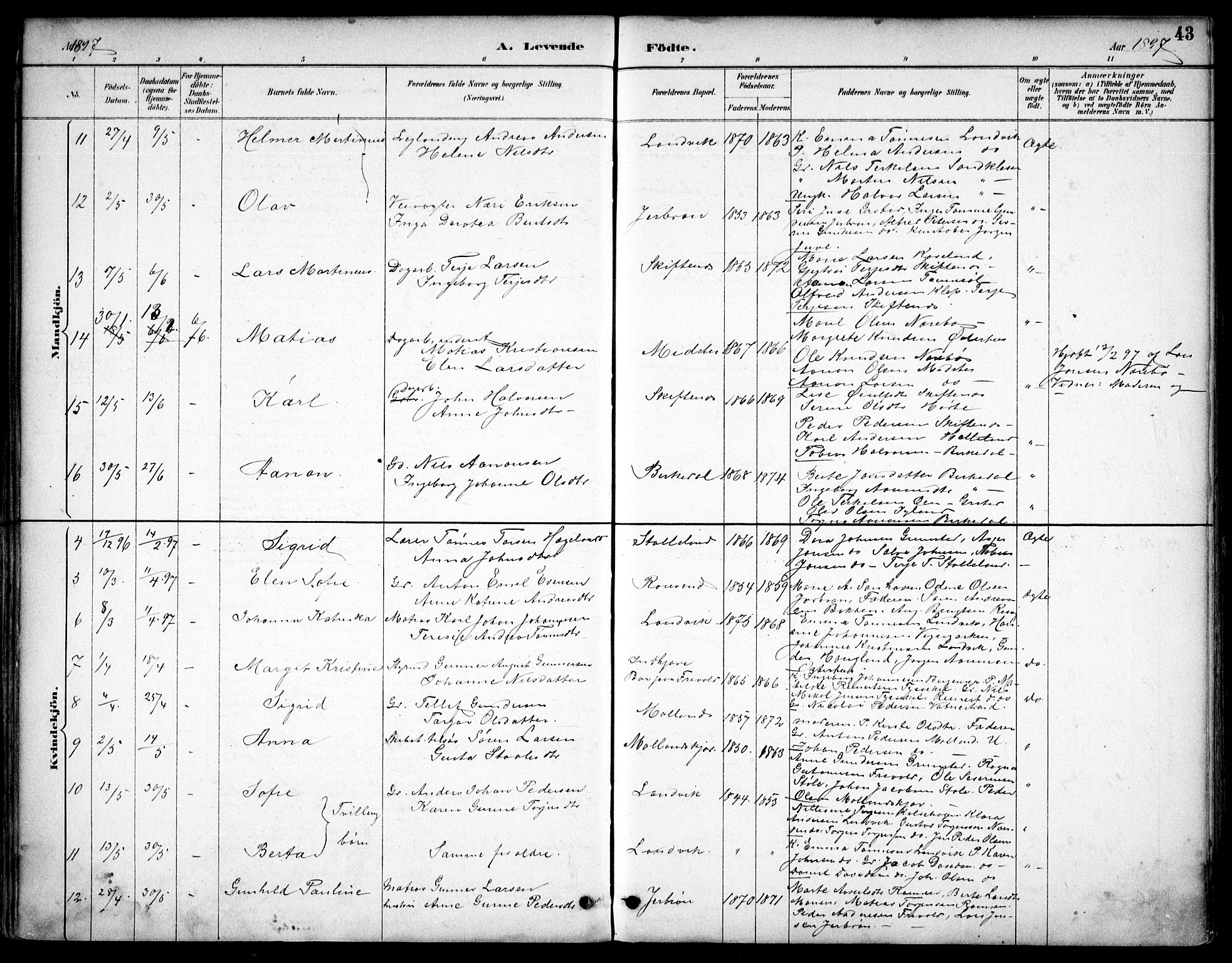 Hommedal sokneprestkontor, AV/SAK-1111-0023/F/Fb/Fbb/L0007: Parish register (copy) no. B 7, 1885-1904, p. 43