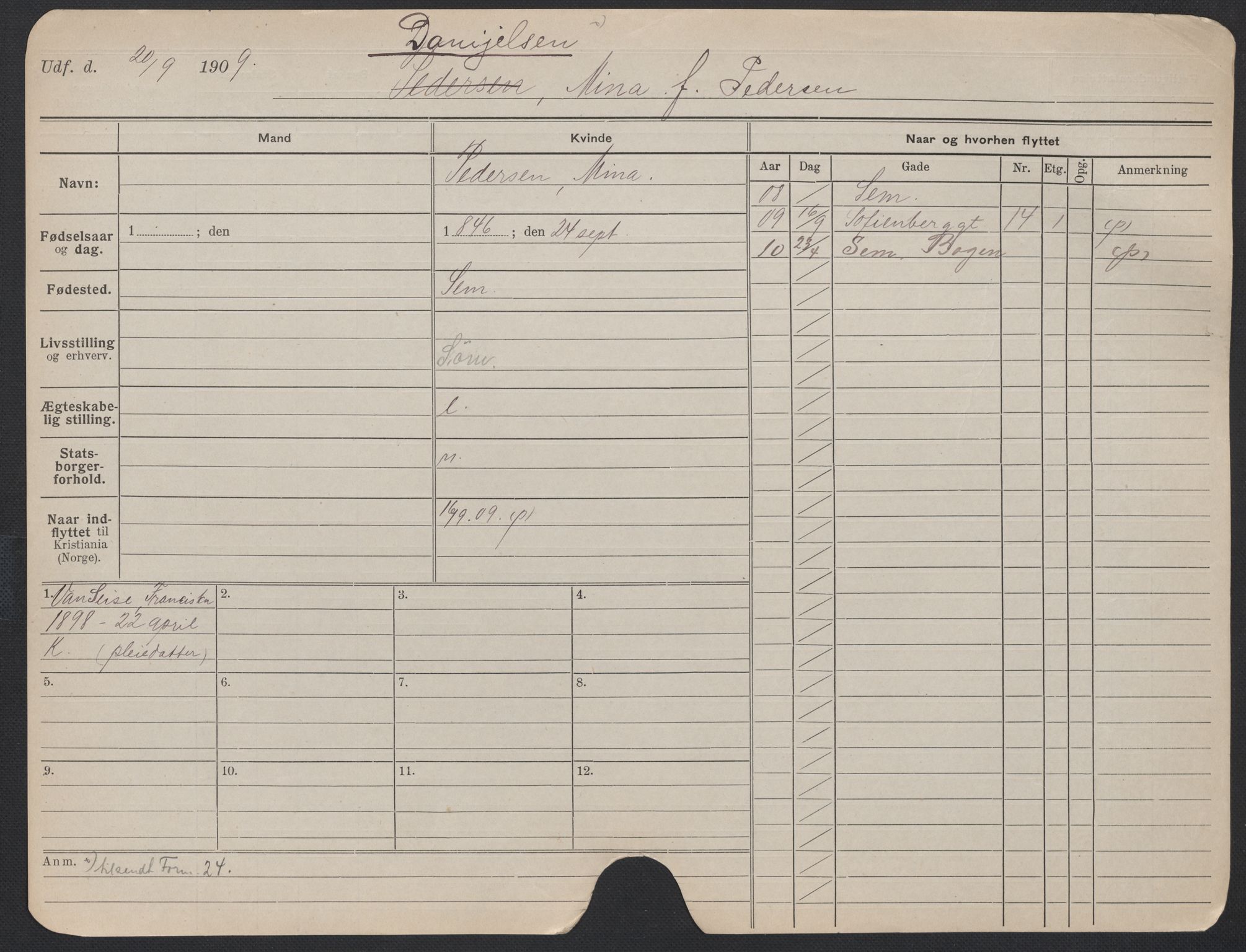 Oslo folkeregister, Registerkort, AV/SAO-A-11715/F/Fa/Fac/L0013: Kvinner, 1906-1914, p. 1225a