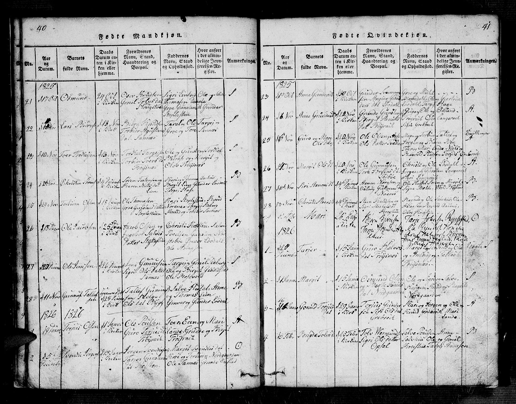 Bygland sokneprestkontor, SAK/1111-0006/F/Fb/Fbb/L0001: Parish register (copy) no. B 1, 1816-1843, p. 40-41