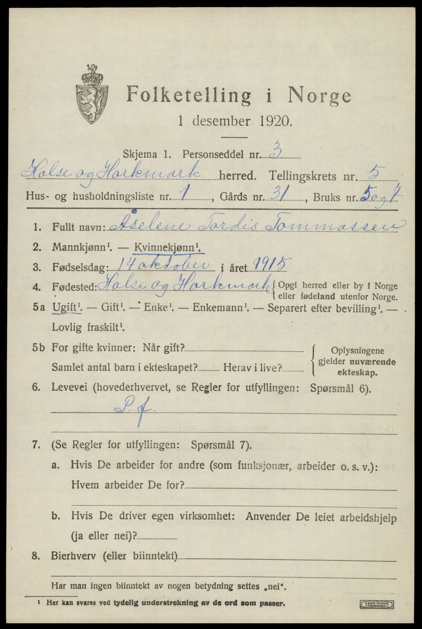 SAK, 1920 census for Halse og Harkmark, 1920, p. 3044