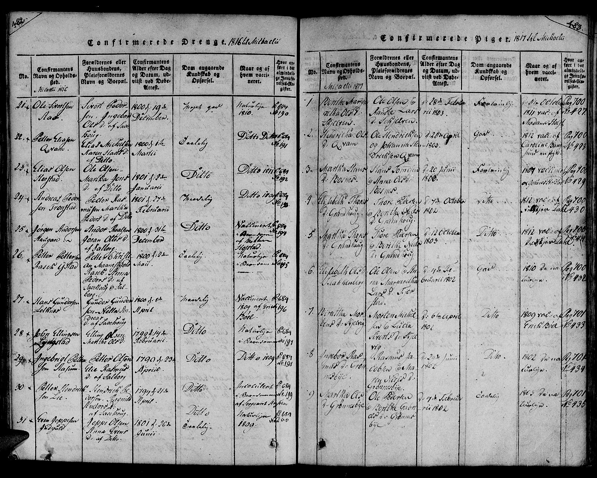 Ministerialprotokoller, klokkerbøker og fødselsregistre - Nord-Trøndelag, SAT/A-1458/730/L0275: Parish register (official) no. 730A04, 1816-1822, p. 482-483
