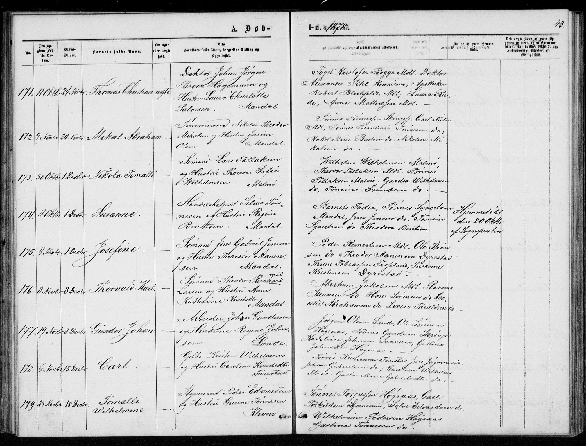 Mandal sokneprestkontor, AV/SAK-1111-0030/F/Fb/Fba/L0010: Parish register (copy) no. B 4, 1876-1880, p. 43