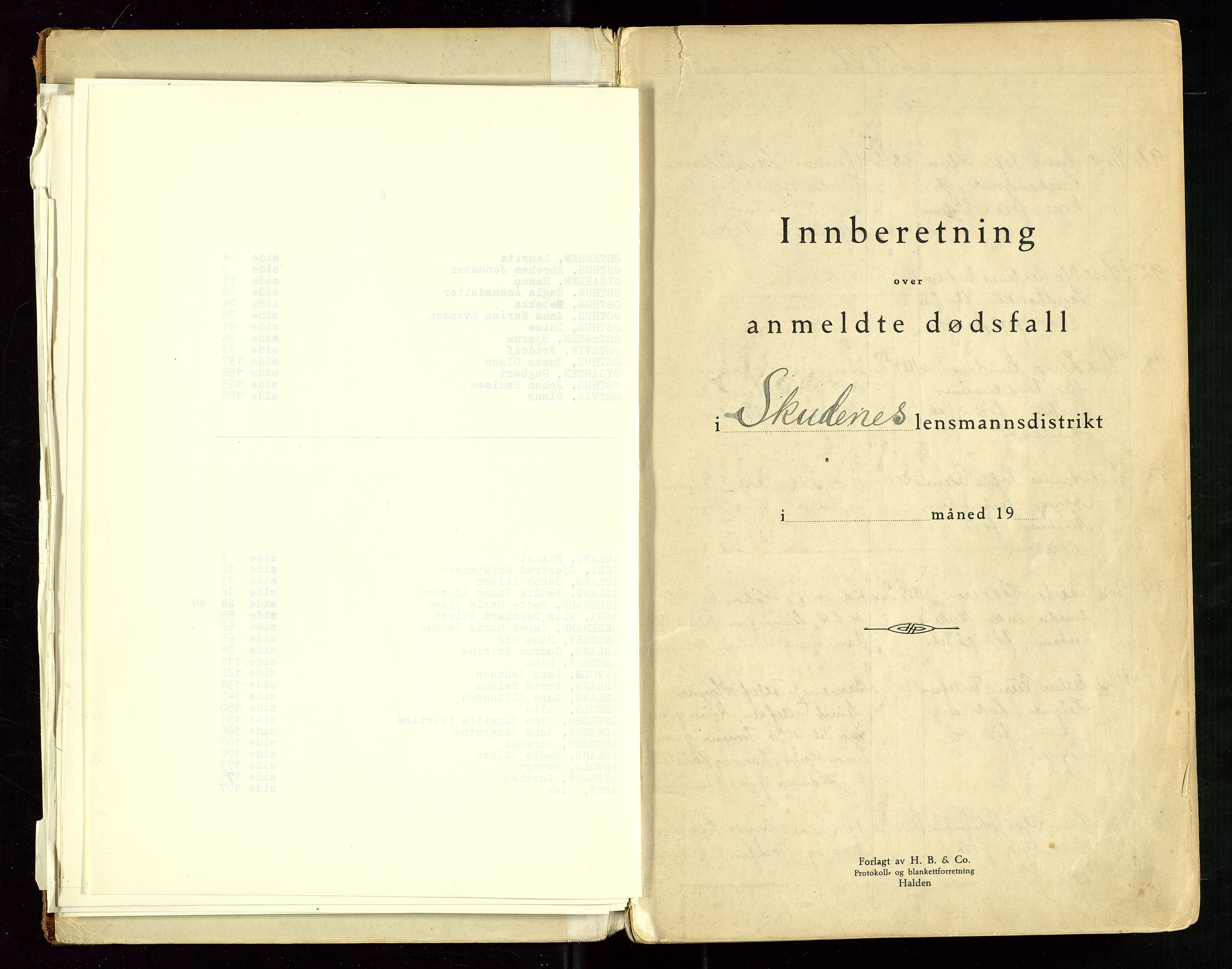 Skudenes lensmannskontor, SAST/A-100444/Gga/L0006: "Protokoll over anmeldte dødsfall", 1931-1943