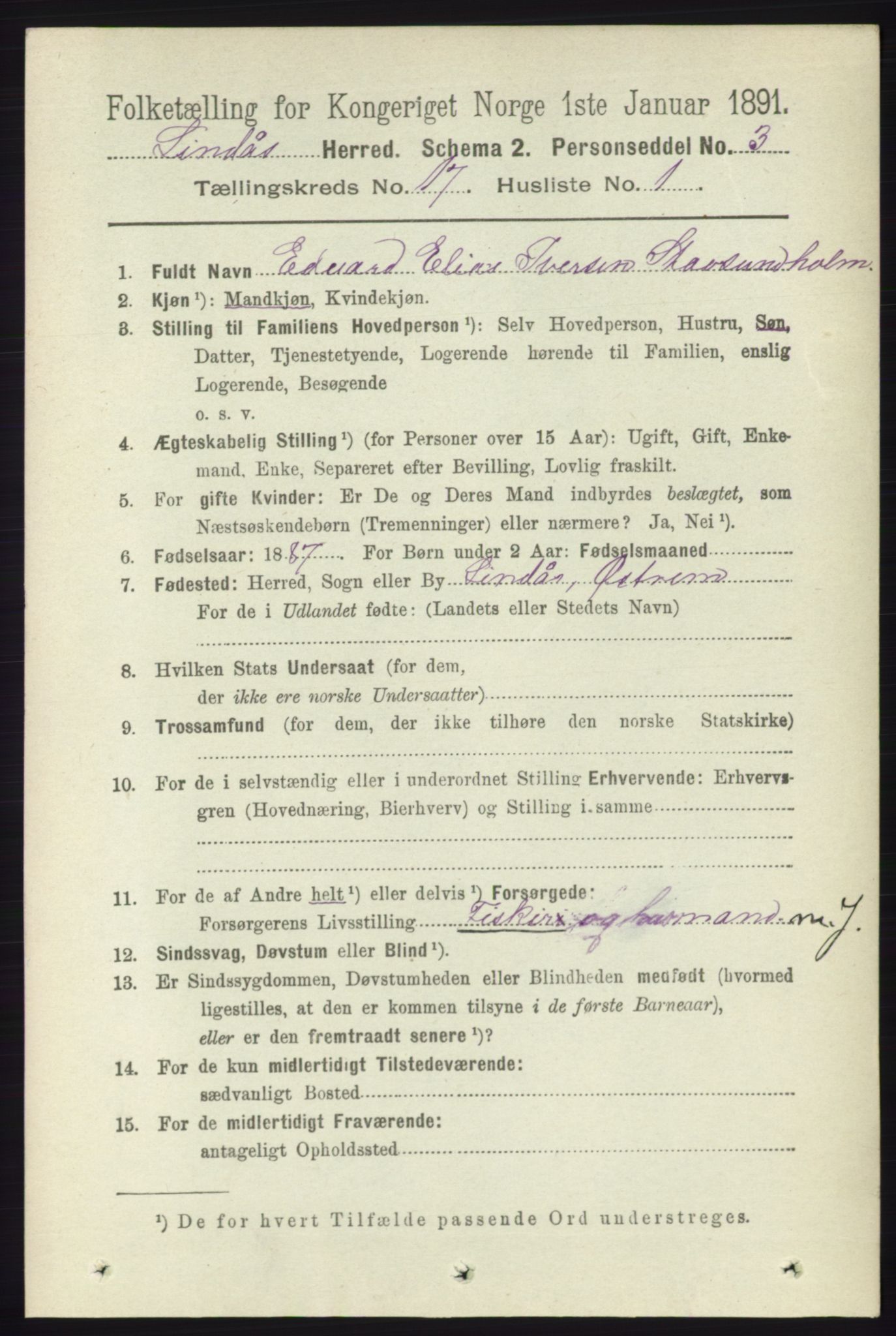 RA, 1891 census for 1263 Lindås, 1891, p. 6134