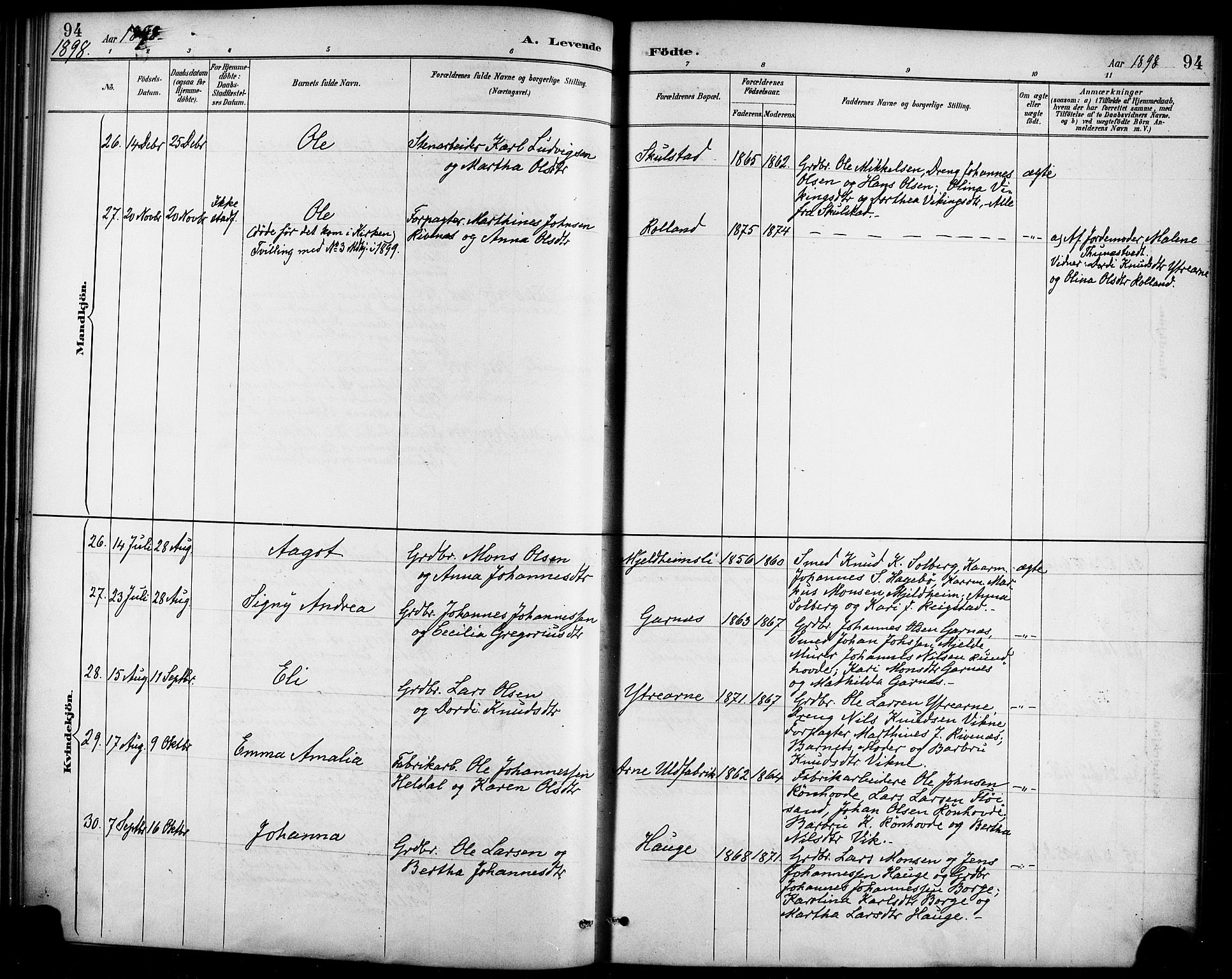 Haus sokneprestembete, AV/SAB-A-75601/H/Haa/Haad/L0001: Parish register (official) no. D 1, 1887-1898, p. 94