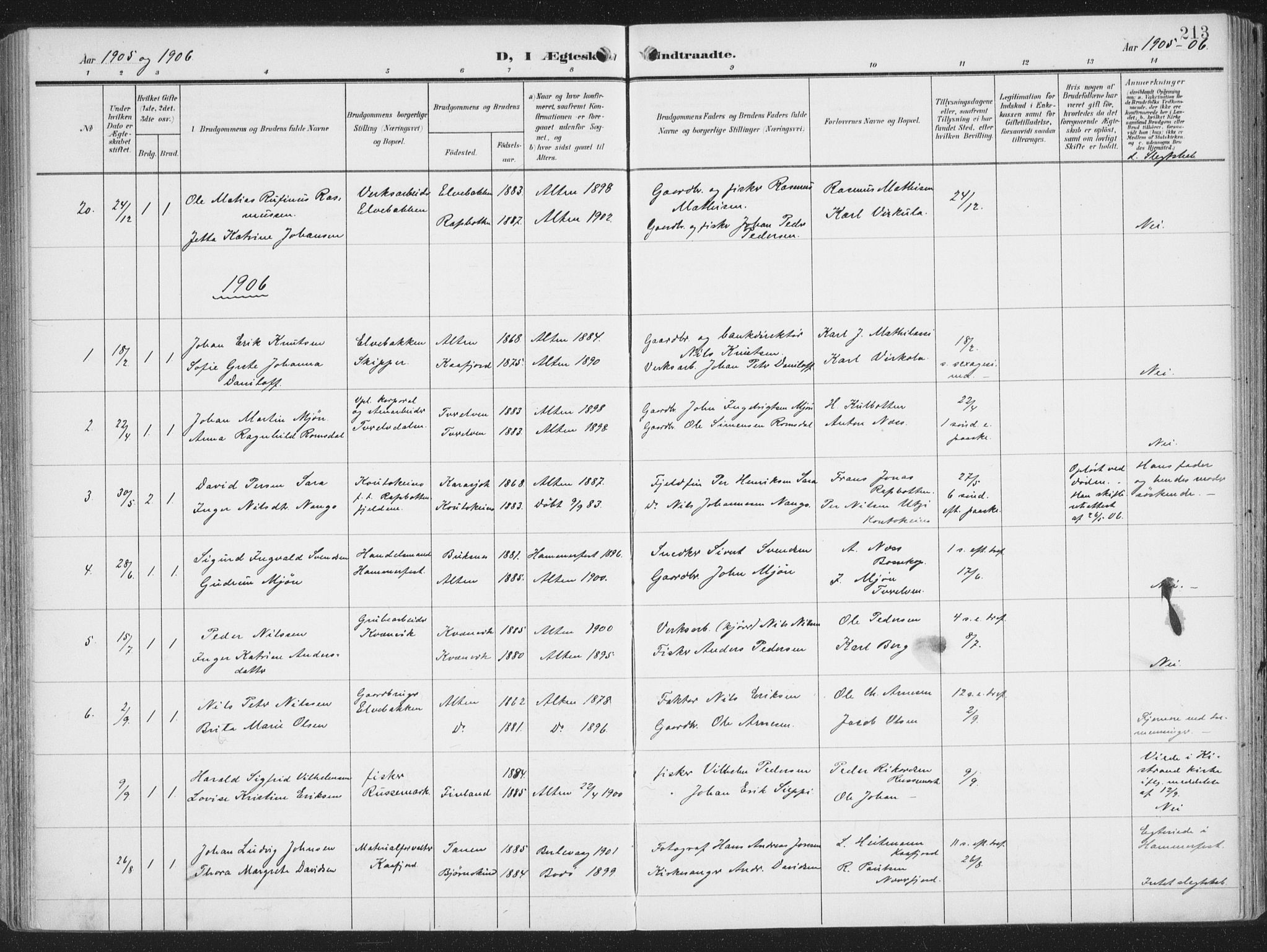 Alta sokneprestkontor, SATØ/S-1338/H/Ha/L0005.kirke: Parish register (official) no. 5, 1904-1918, p. 213