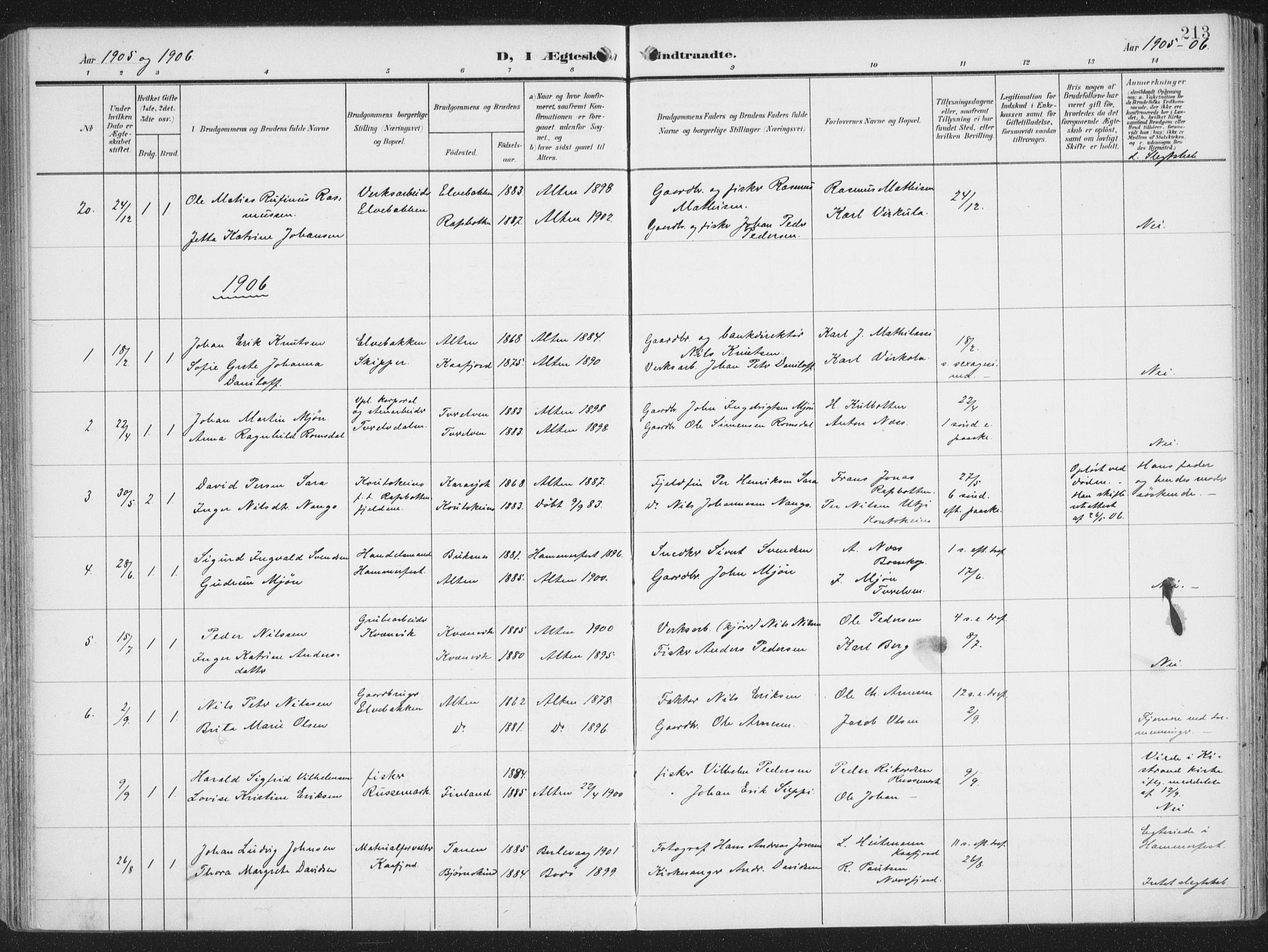 Alta sokneprestkontor, AV/SATØ-S-1338/H/Ha/L0005.kirke: Parish register (official) no. 5, 1904-1918, p. 213