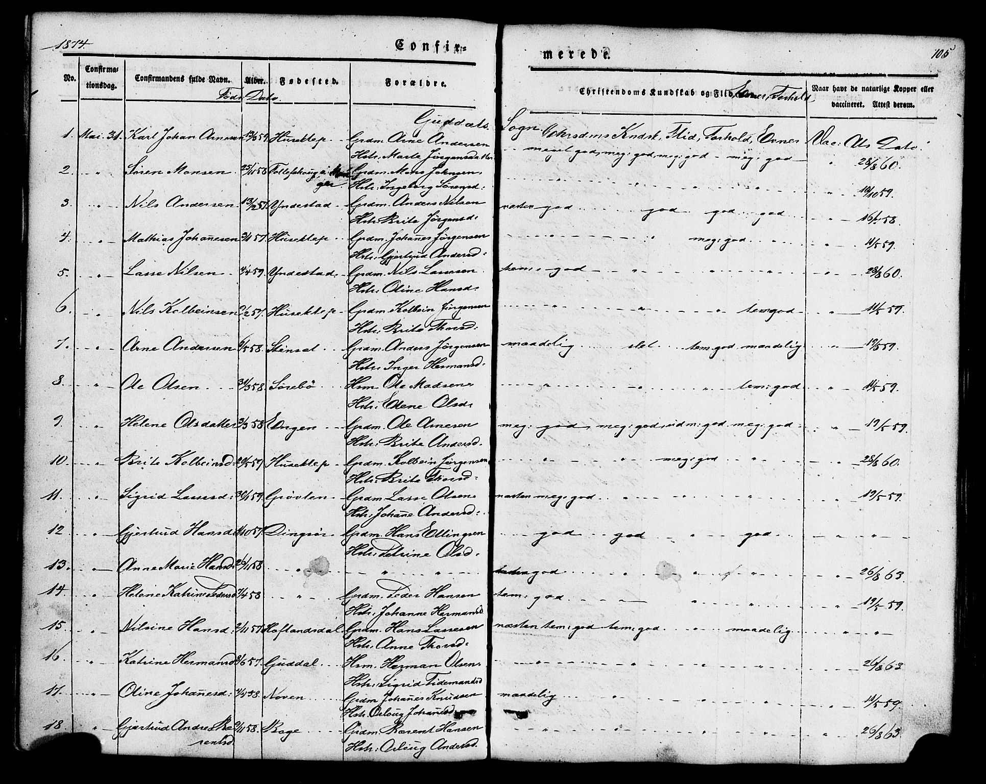 Fjaler sokneprestembete, AV/SAB-A-79801/H/Haa/Haaa/L0008: Parish register (official) no. A 8, 1850-1886, p. 105