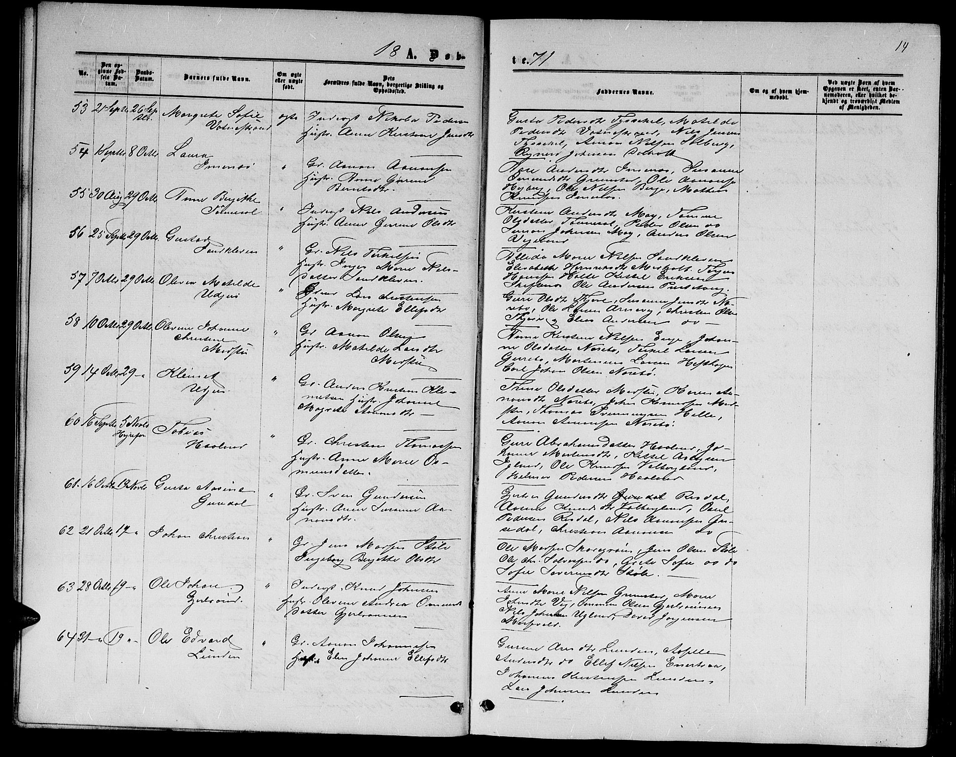 Hommedal sokneprestkontor, SAK/1111-0023/F/Fb/Fbb/L0006: Parish register (copy) no. B 6, 1869-1884, p. 14