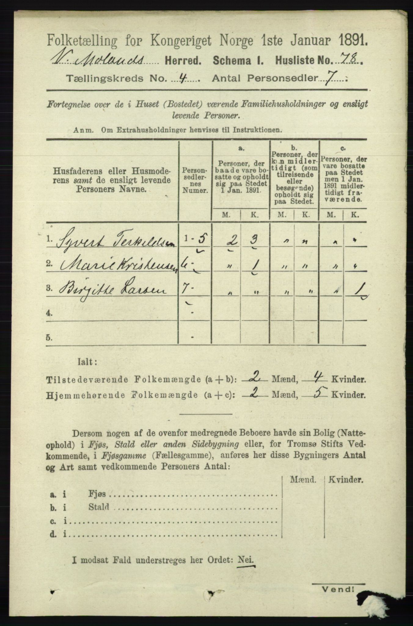 RA, 1891 census for 0926 Vestre Moland, 1891, p. 1221