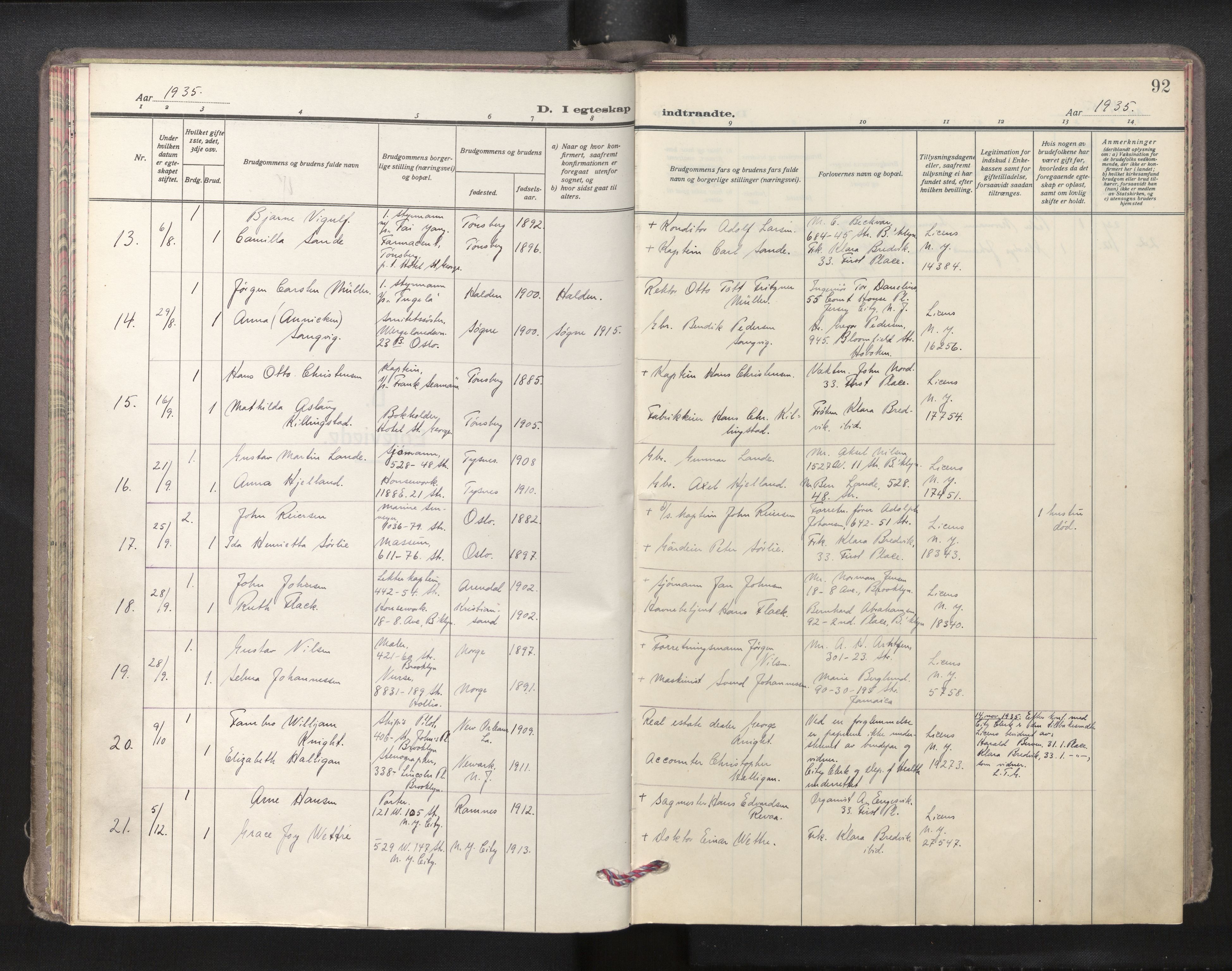 Den norske sjømannsmisjon i utlandet/New York, AV/SAB-SAB/PA-0110/H/Ha/L0009: Parish register (official) no. A 9, 1935-1945, p. 91b-92a