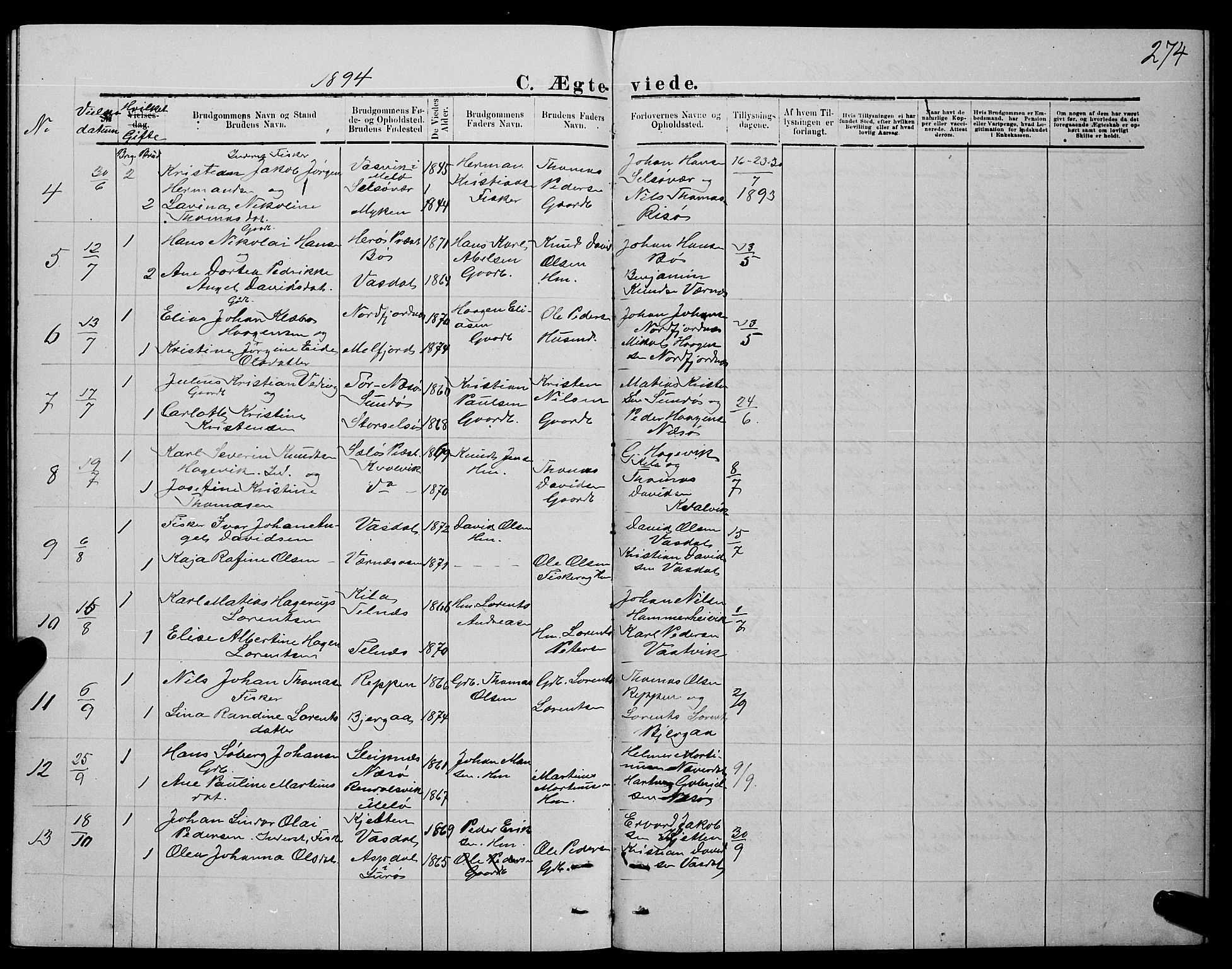 Ministerialprotokoller, klokkerbøker og fødselsregistre - Nordland, SAT/A-1459/841/L0620: Parish register (copy) no. 841C04, 1877-1896, p. 274