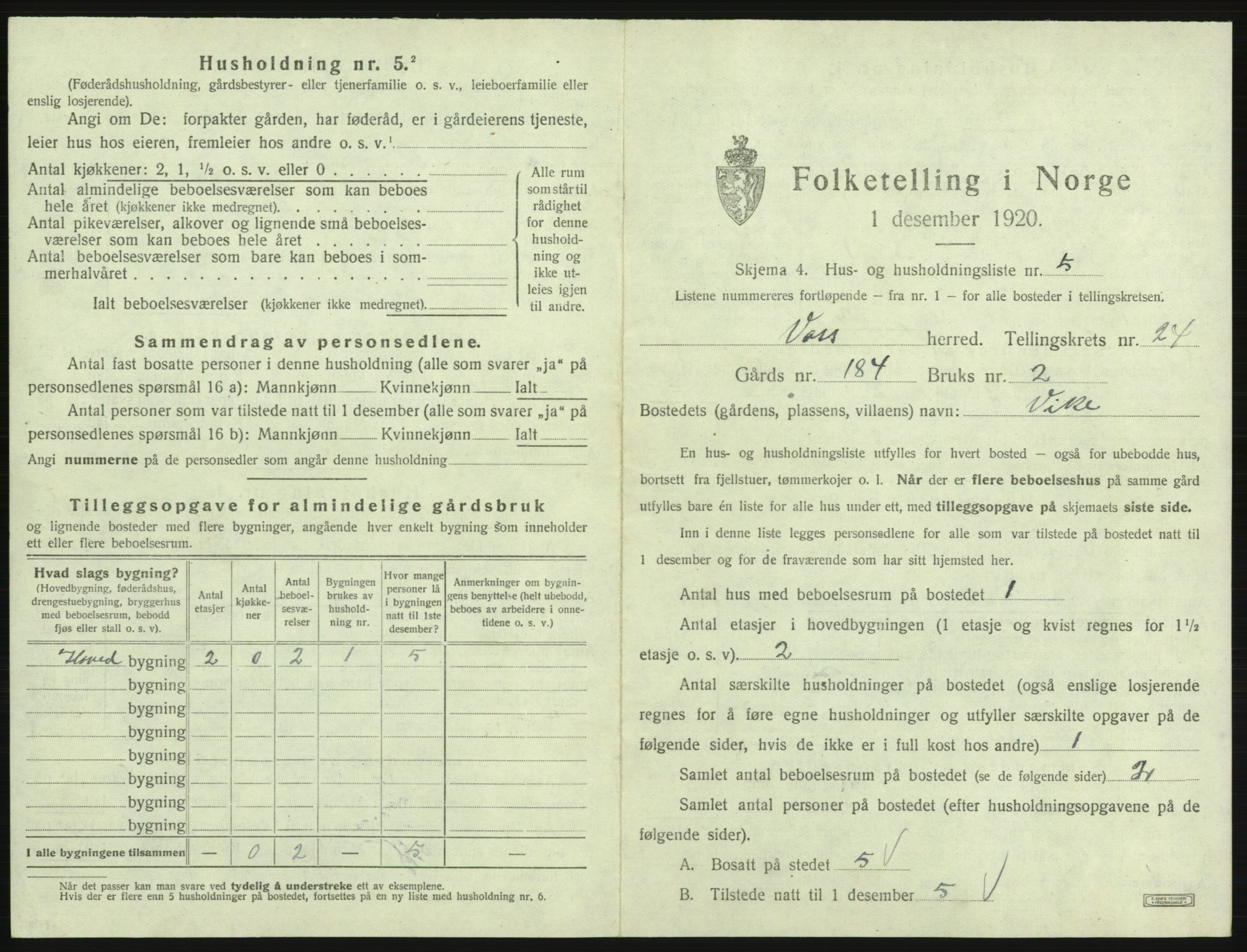 SAB, 1920 census for Voss, 1920, p. 2099