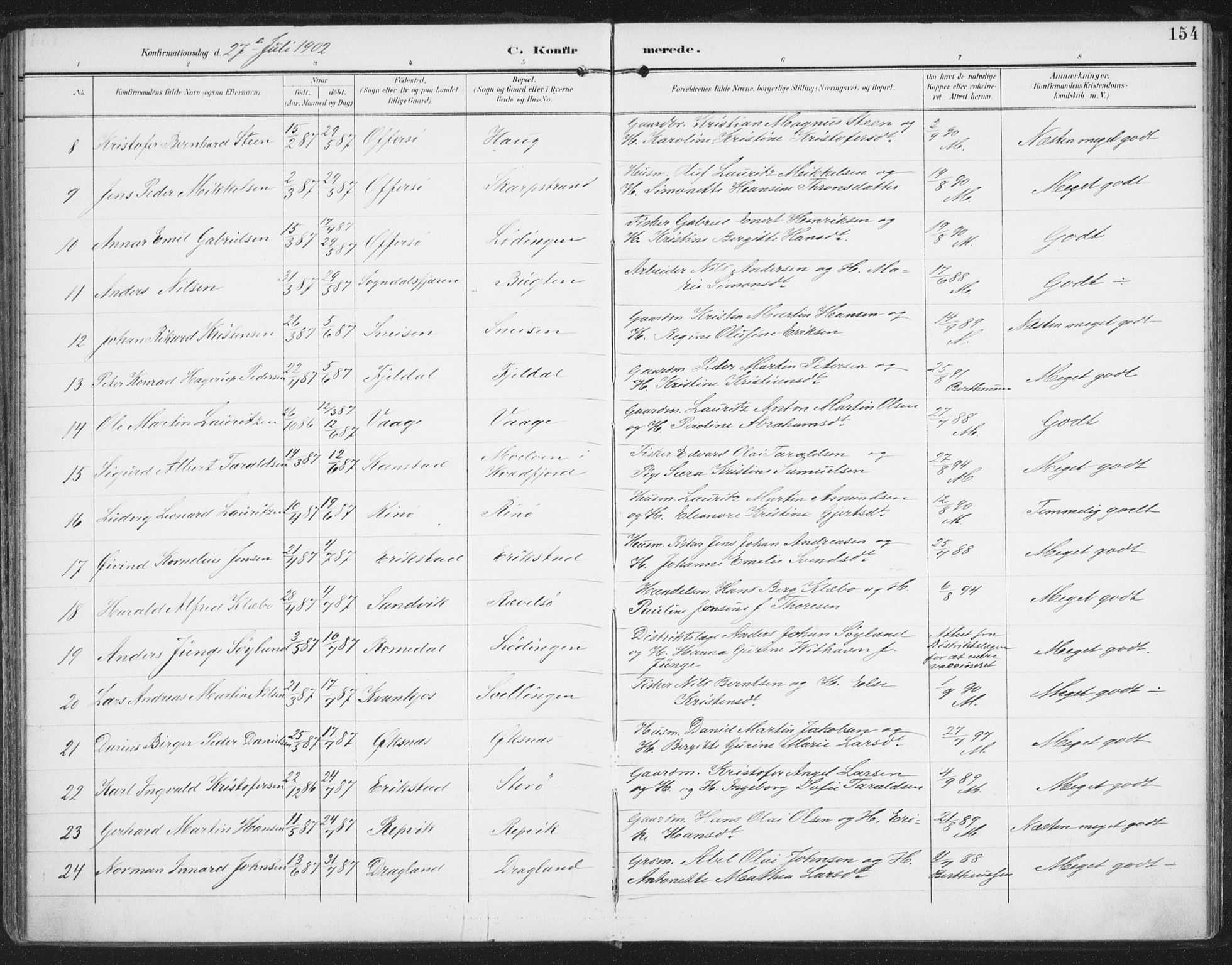 Ministerialprotokoller, klokkerbøker og fødselsregistre - Nordland, AV/SAT-A-1459/872/L1036: Parish register (official) no. 872A11, 1897-1913, p. 154