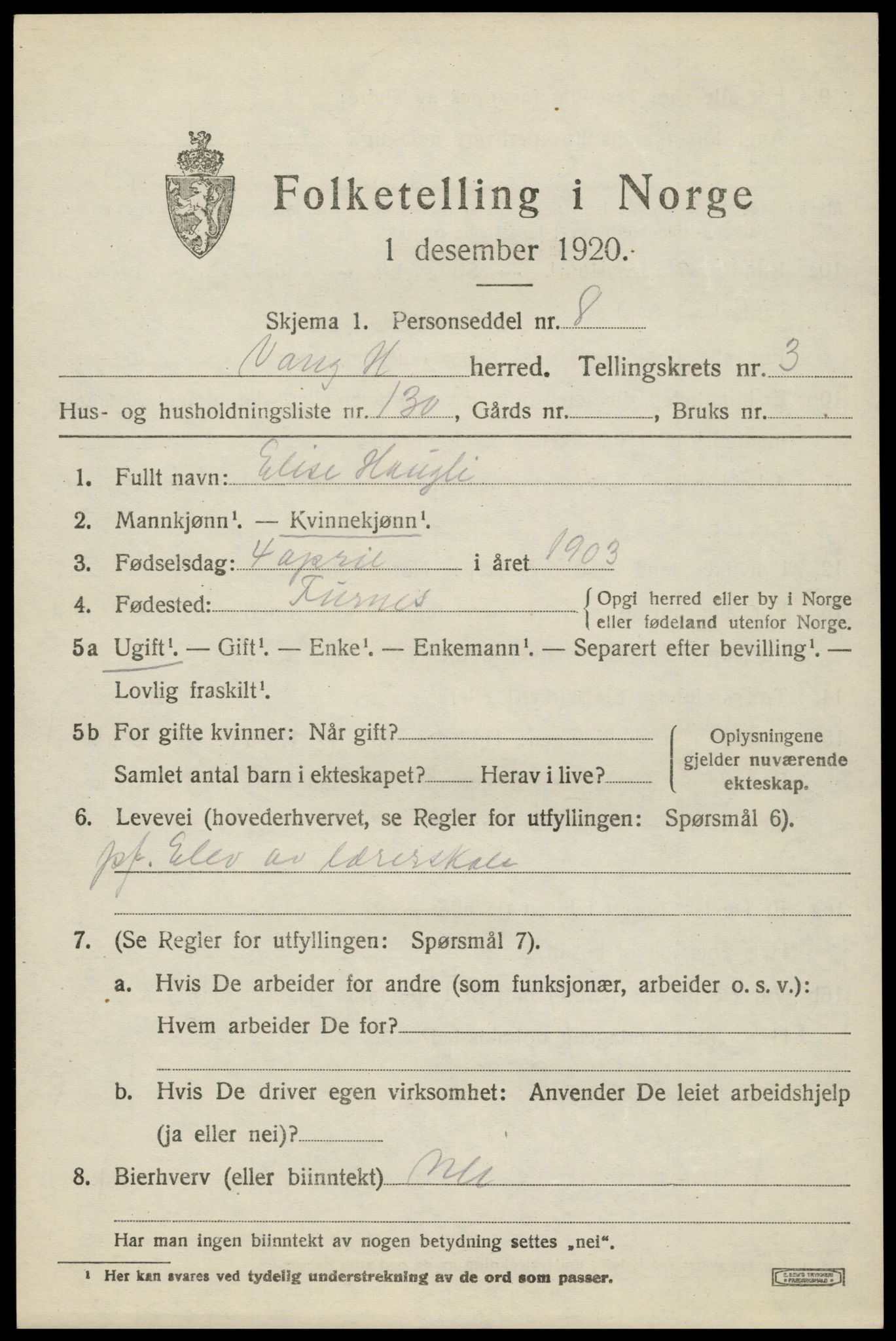 SAH, 1920 census for Vang (Hedmark), 1920, p. 11063