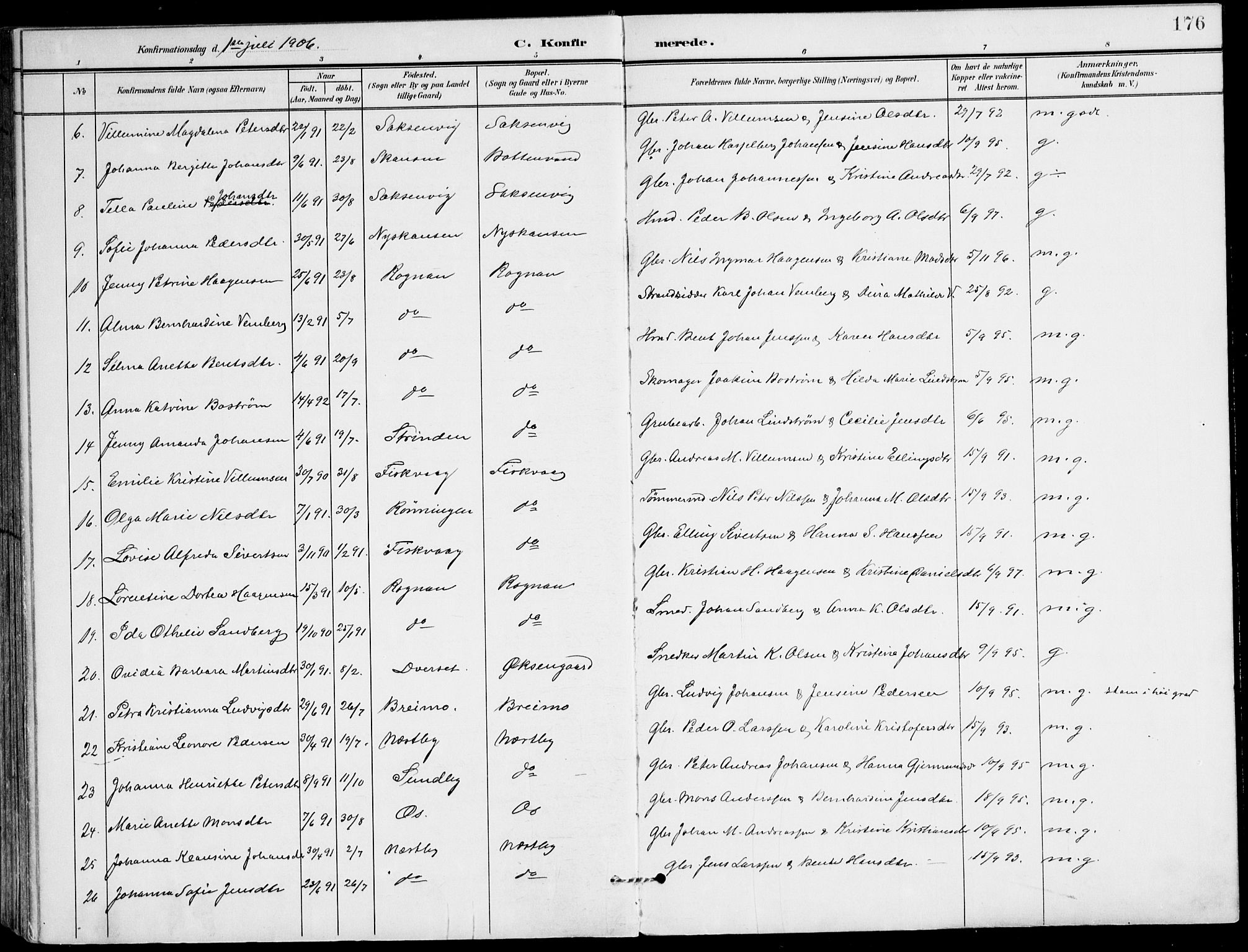 Ministerialprotokoller, klokkerbøker og fødselsregistre - Nordland, AV/SAT-A-1459/847/L0672: Parish register (official) no. 847A12, 1902-1919, p. 176