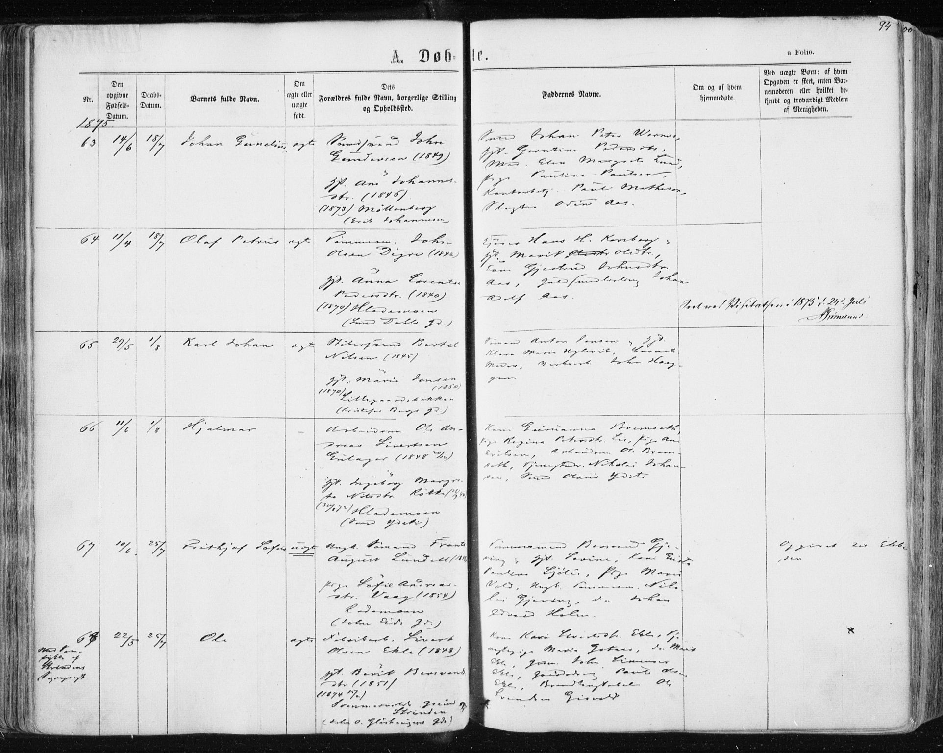Ministerialprotokoller, klokkerbøker og fødselsregistre - Sør-Trøndelag, SAT/A-1456/604/L0186: Parish register (official) no. 604A07, 1866-1877, p. 94