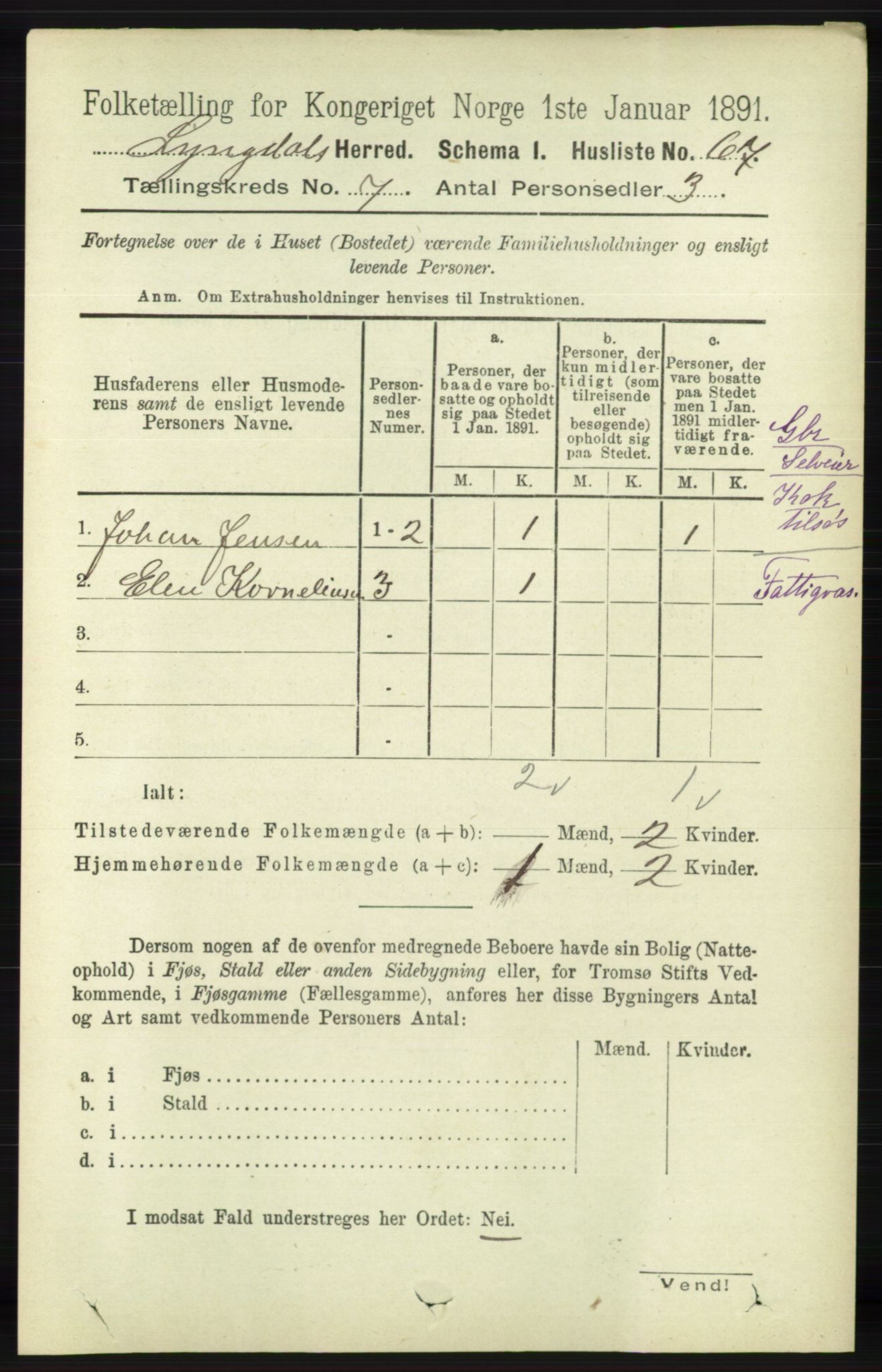 RA, 1891 census for 1032 Lyngdal, 1891, p. 2924