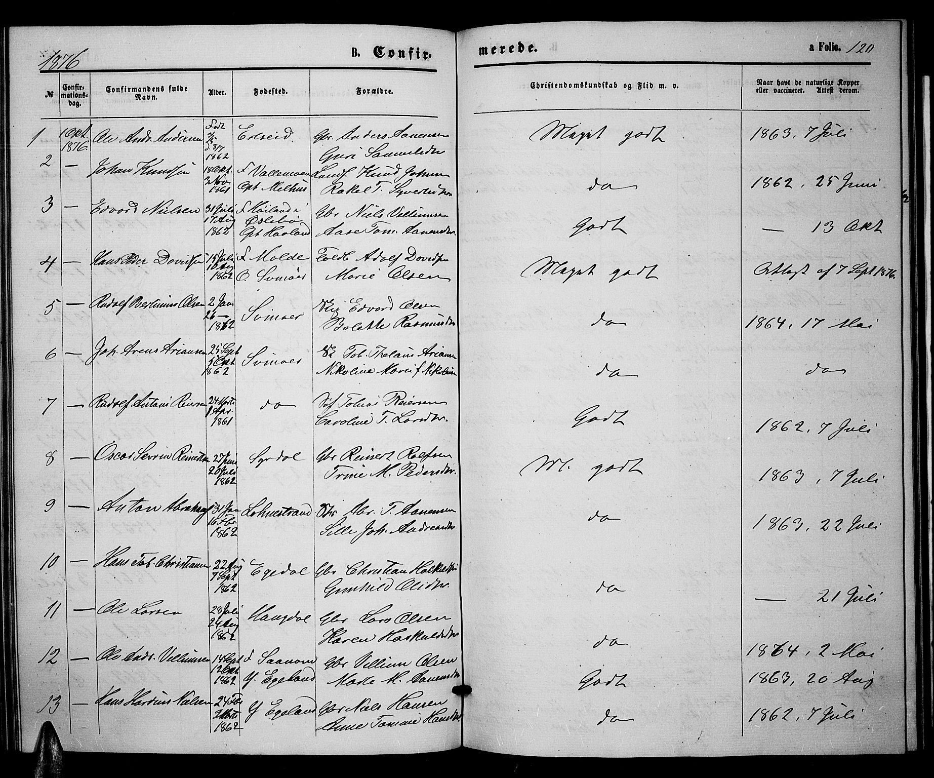 Sør-Audnedal sokneprestkontor, AV/SAK-1111-0039/F/Fb/Fbb/L0004: Parish register (copy) no. B 4, 1868-1879, p. 120