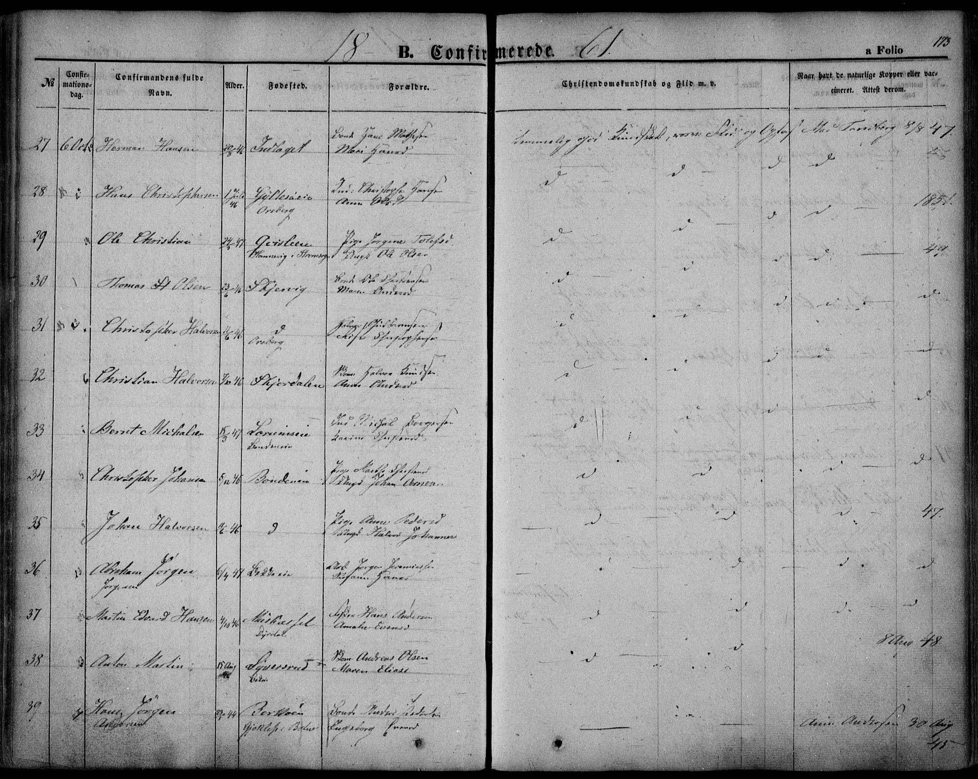 Sande Kirkebøker, AV/SAKO-A-53/F/Fa/L0004: Parish register (official) no. 4, 1847-1864, p. 173