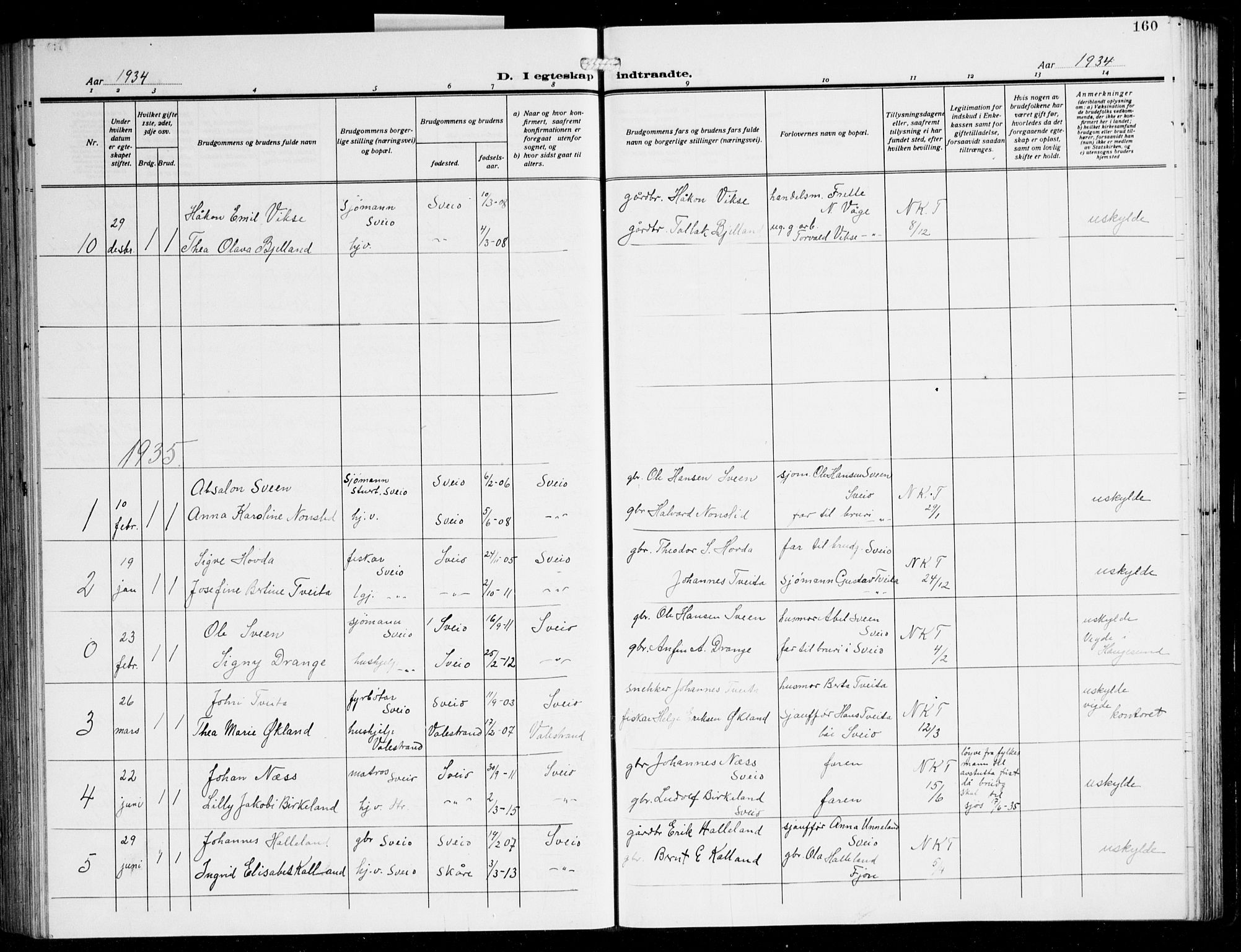 Sveio Sokneprestembete, AV/SAB-A-78501/H/Hab: Parish register (copy) no. A 6, 1927-1945, p. 160