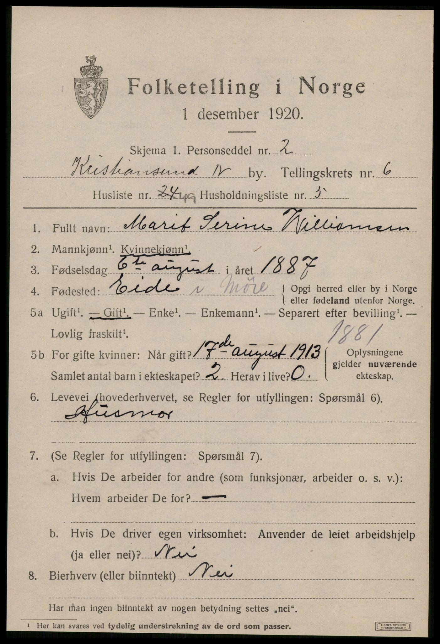 SAT, 1920 census for Kristiansund, 1920, p. 18047