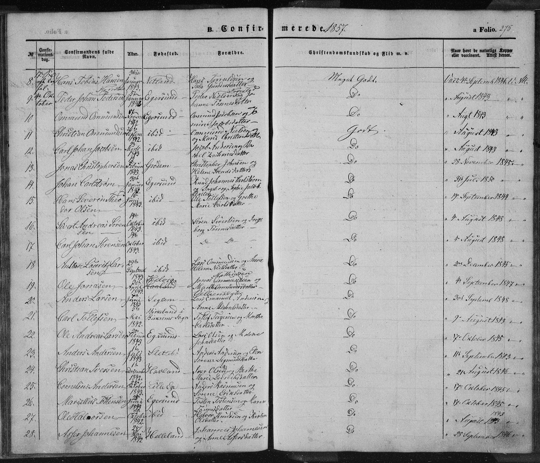 Eigersund sokneprestkontor, SAST/A-101807/S08/L0012: Parish register (official) no. A 12.1, 1850-1865, p. 275