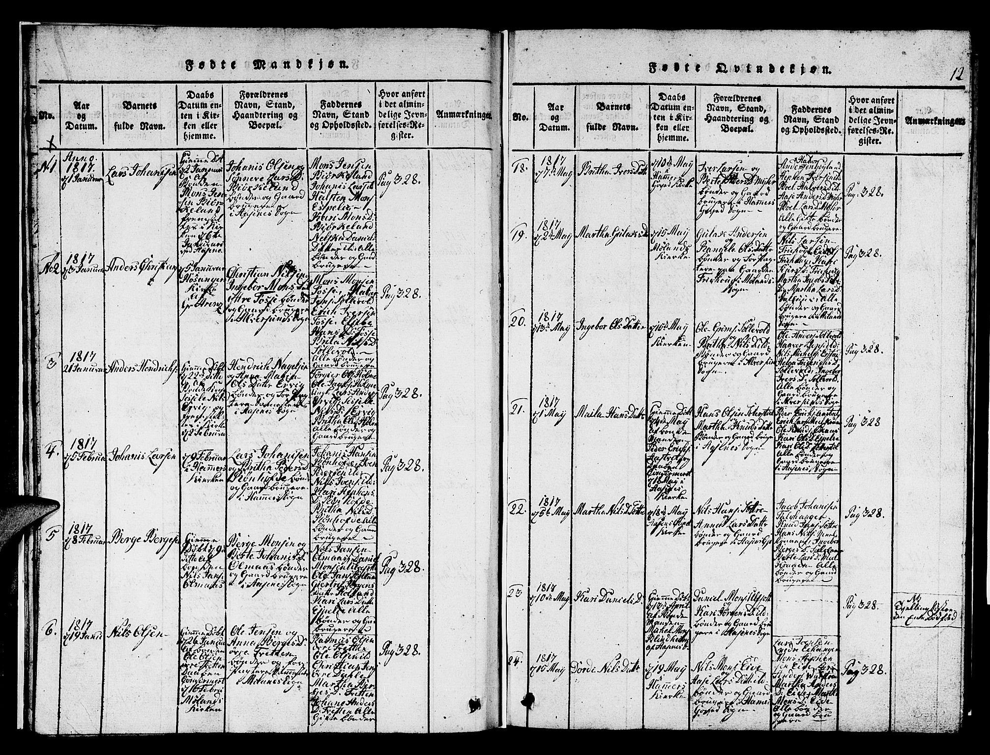 Hamre sokneprestembete, SAB/A-75501/H/Ha/Hab: Parish register (copy) no. A 1, 1816-1826, p. 12