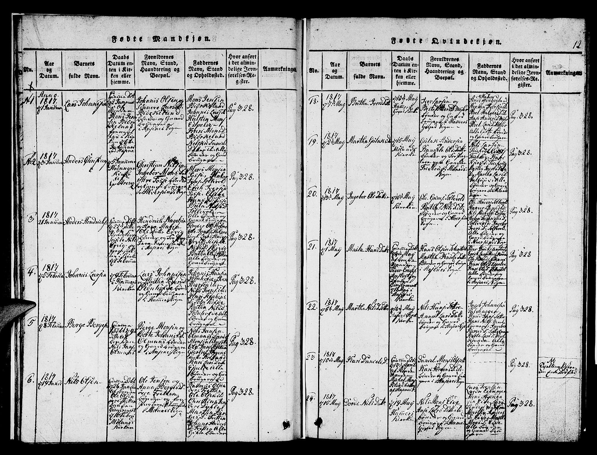 Hamre sokneprestembete, AV/SAB-A-75501/H/Ha/Hab: Parish register (copy) no. A 1, 1816-1826, p. 12