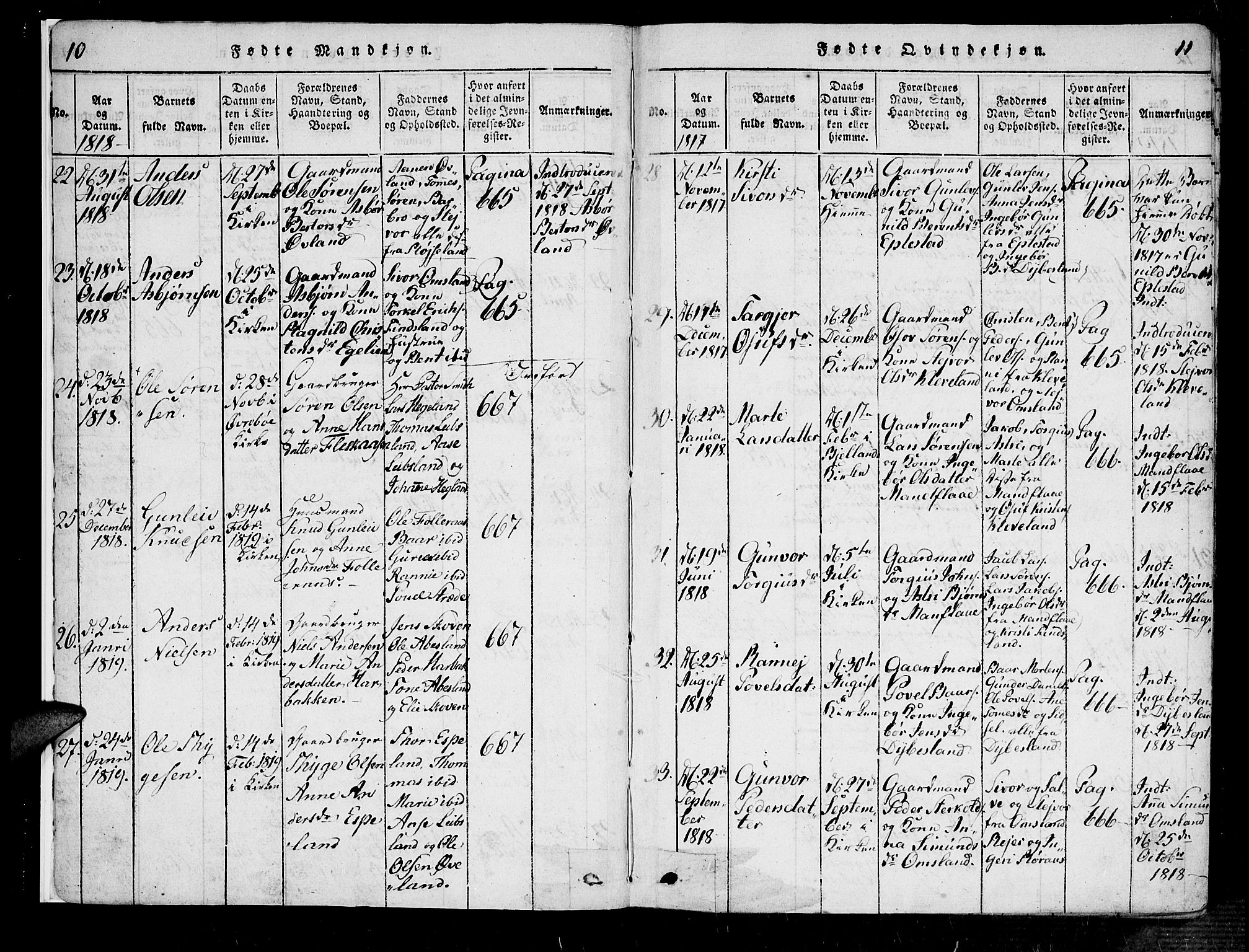 Bjelland sokneprestkontor, SAK/1111-0005/F/Fa/Fab/L0002: Parish register (official) no. A 2, 1816-1869, p. 10-11